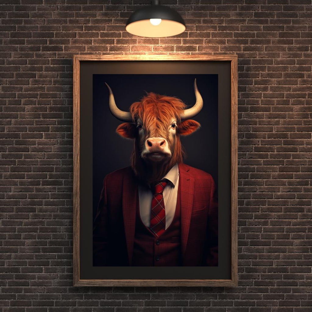 Highland Cow in Suit Art Print | Rustic Farmhouse Wall Decor wall art print, modern home decor, unframed artwork by Nomad & Nest