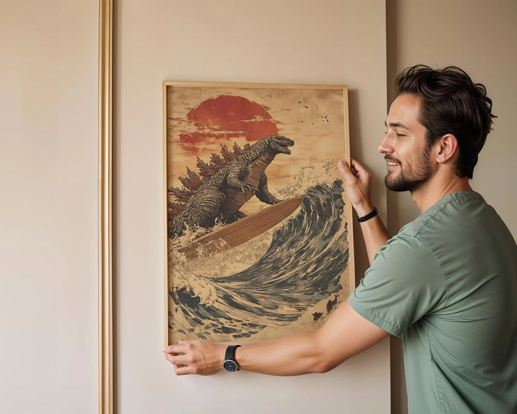 Japanese Poster | Godzilla Surfing Ukiyo-e Wave Art Print –  Kaiju wall art print, modern home decor, unframed artwork by Nomad & Nest