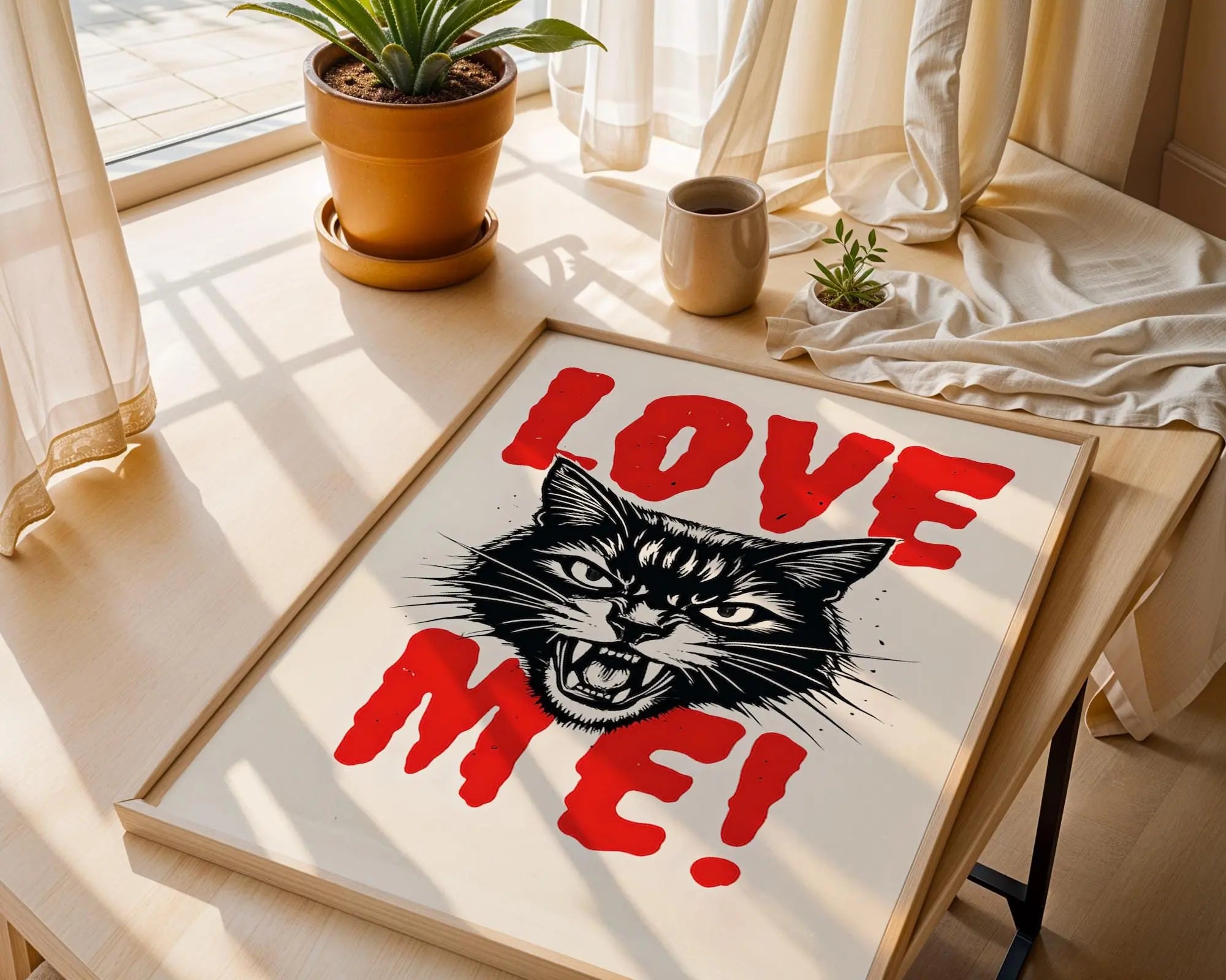 Positive Emotion | Love Me Cat Wall Art | Fierce Feline Illustration | Bold Funny Animal Poster wall art print, modern home decor, unframed artwork by Nomad & Nest