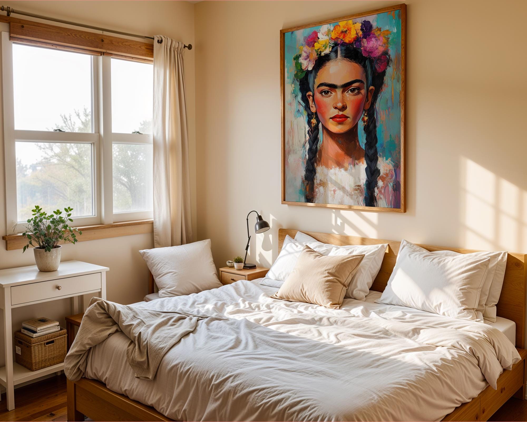Frida Kahlo Portrait Print | Impasto Floral Crown, Mexican Folk Art wall art print, modern home decor, unframed artwork by Nomad & Nest