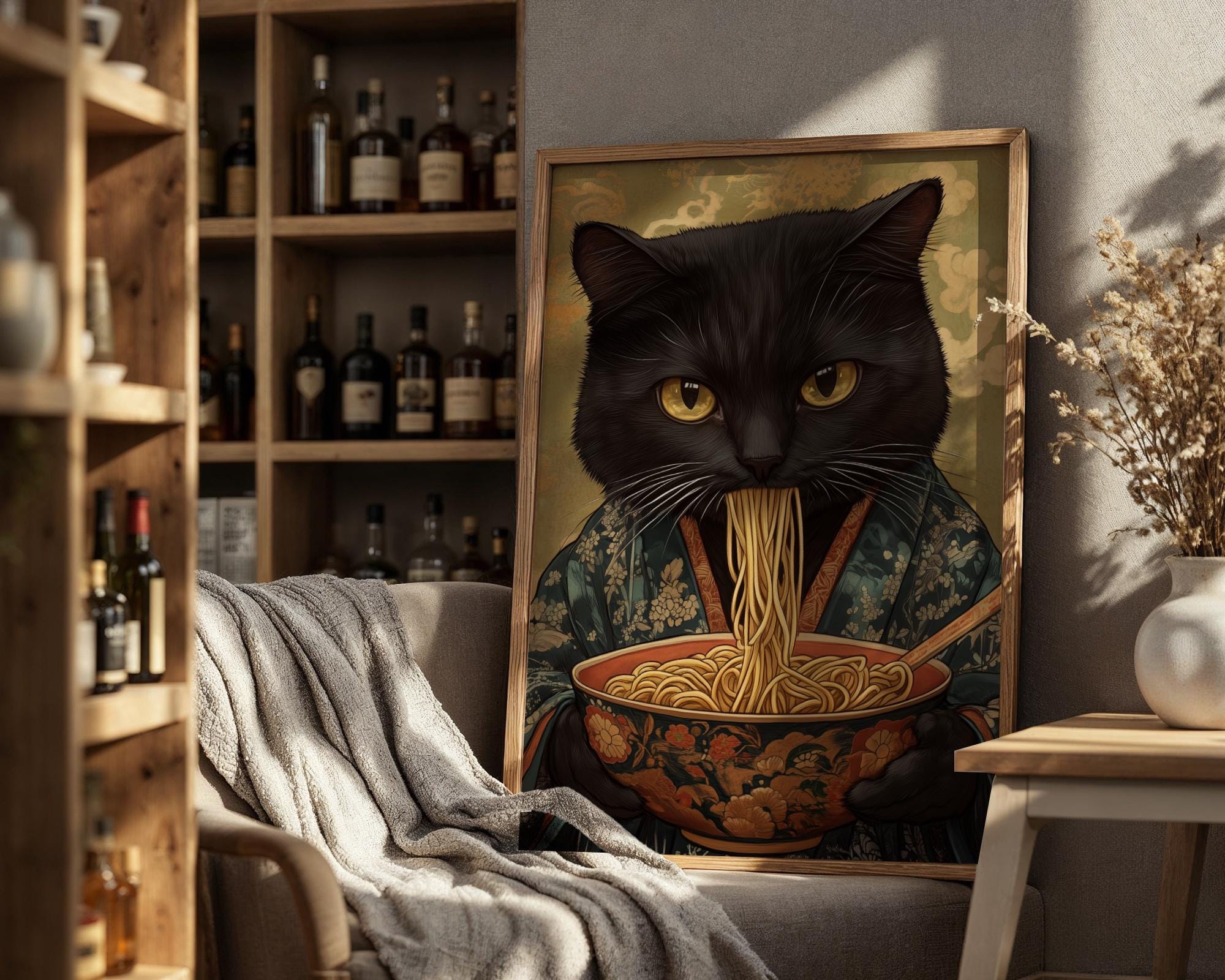 Japanese Poster | Ramen Cat Print – Funny Kimono Foodie Wall Art wall art print, modern home decor, unframed artwork by Nomad & Nest
