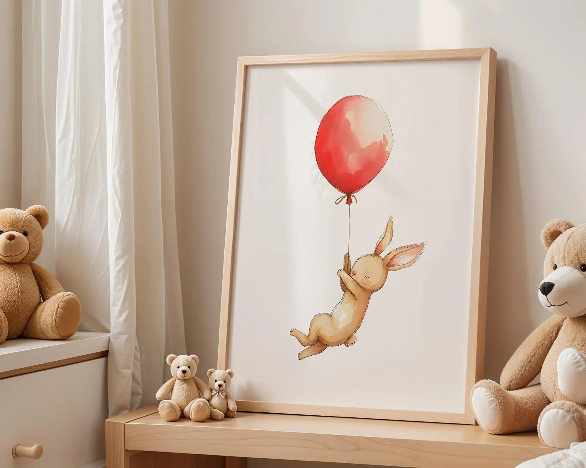Playroom Ideas | Bunny Balloon Nursery Wall Art | Neutral Woodland Baby Print wall art print, modern home decor, unframed artwork by Nomad & Nest