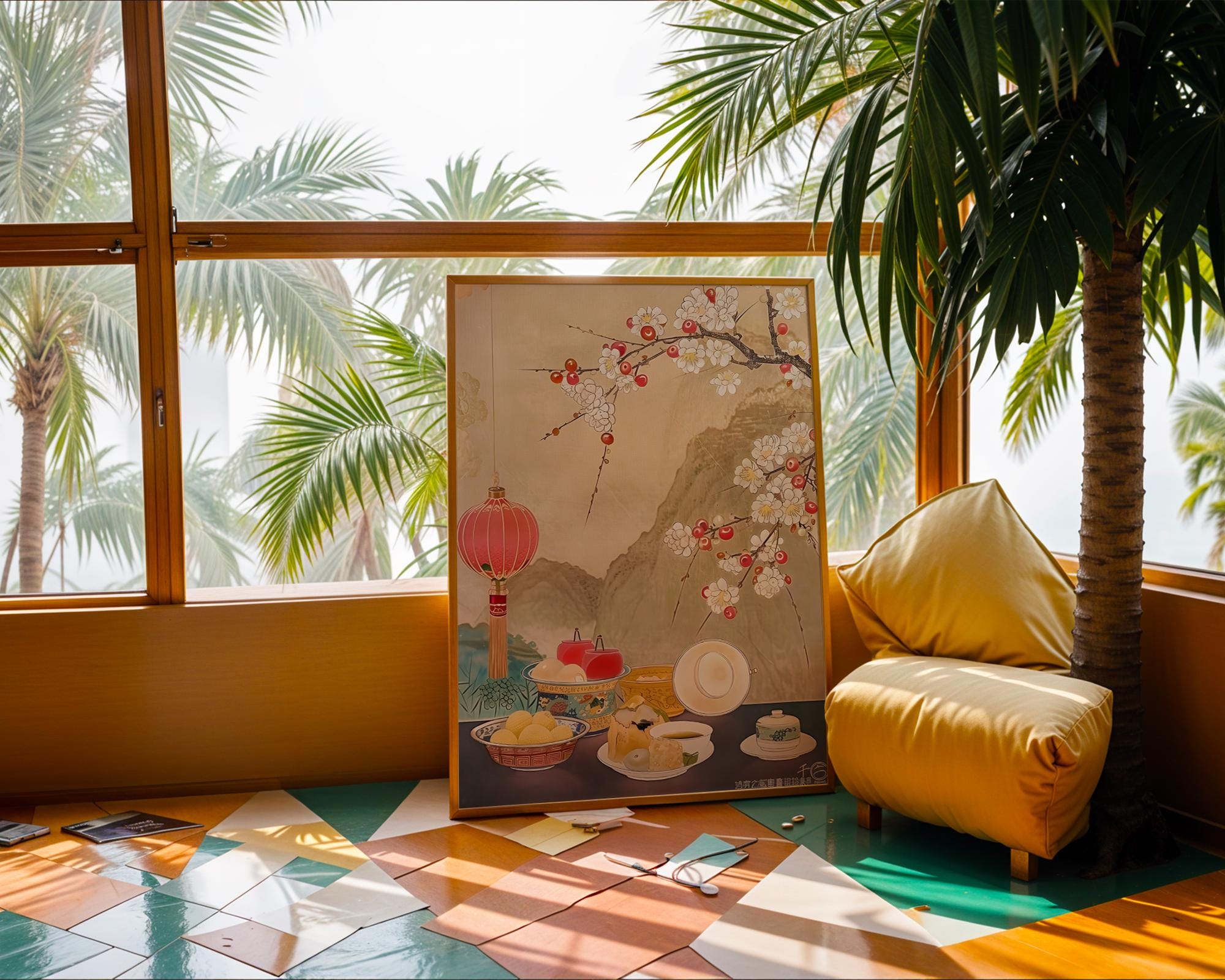 Oriental Tea Ceremony Print | Cherry Blossom, Lanterns Asian Wall Art wall art print, modern home decor, unframed artwork by Nomad & Nest