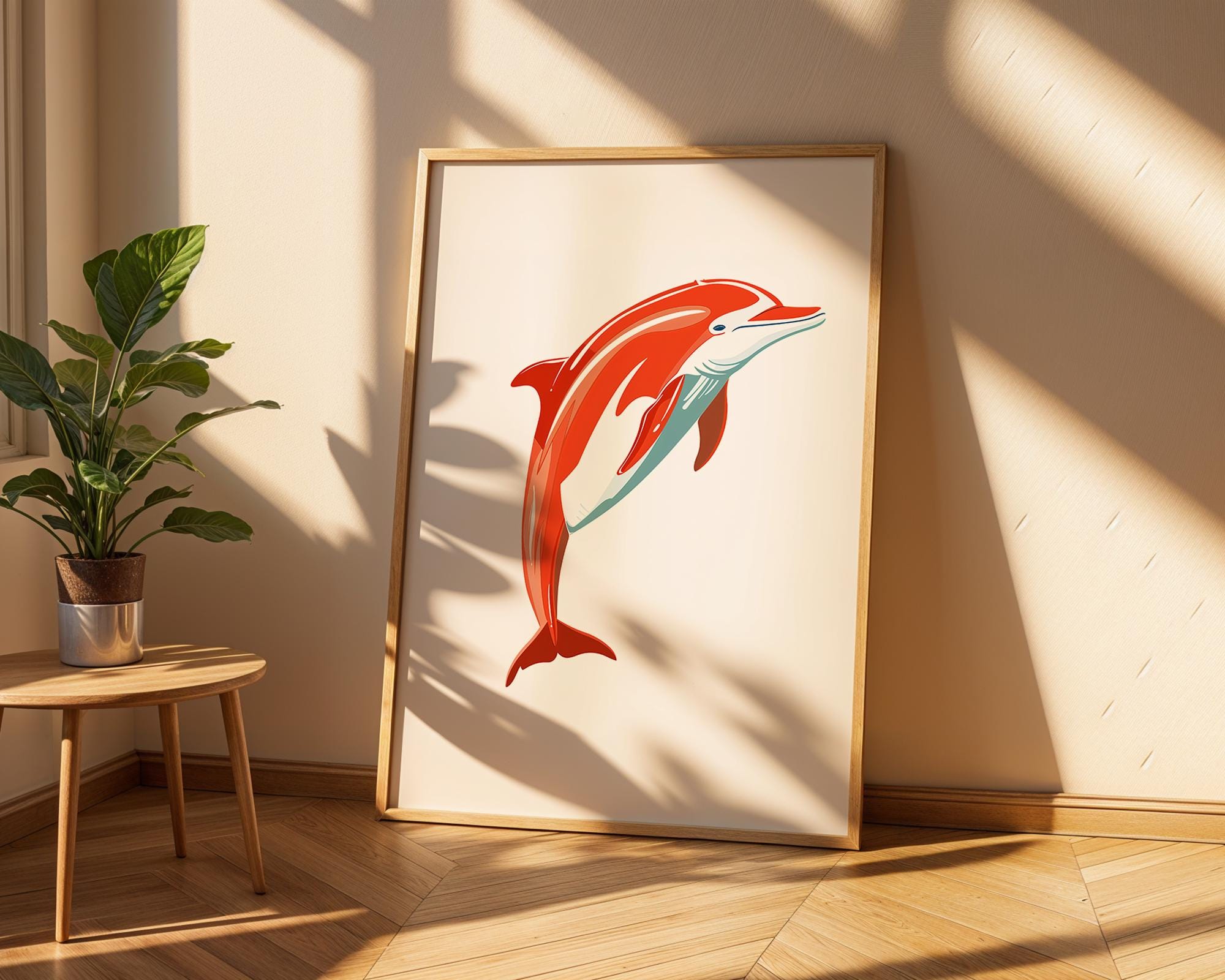 Red Dolphin Print | Playful Sea Mammal Wall Art wall art print, modern home decor, unframed artwork by Nomad & Nest