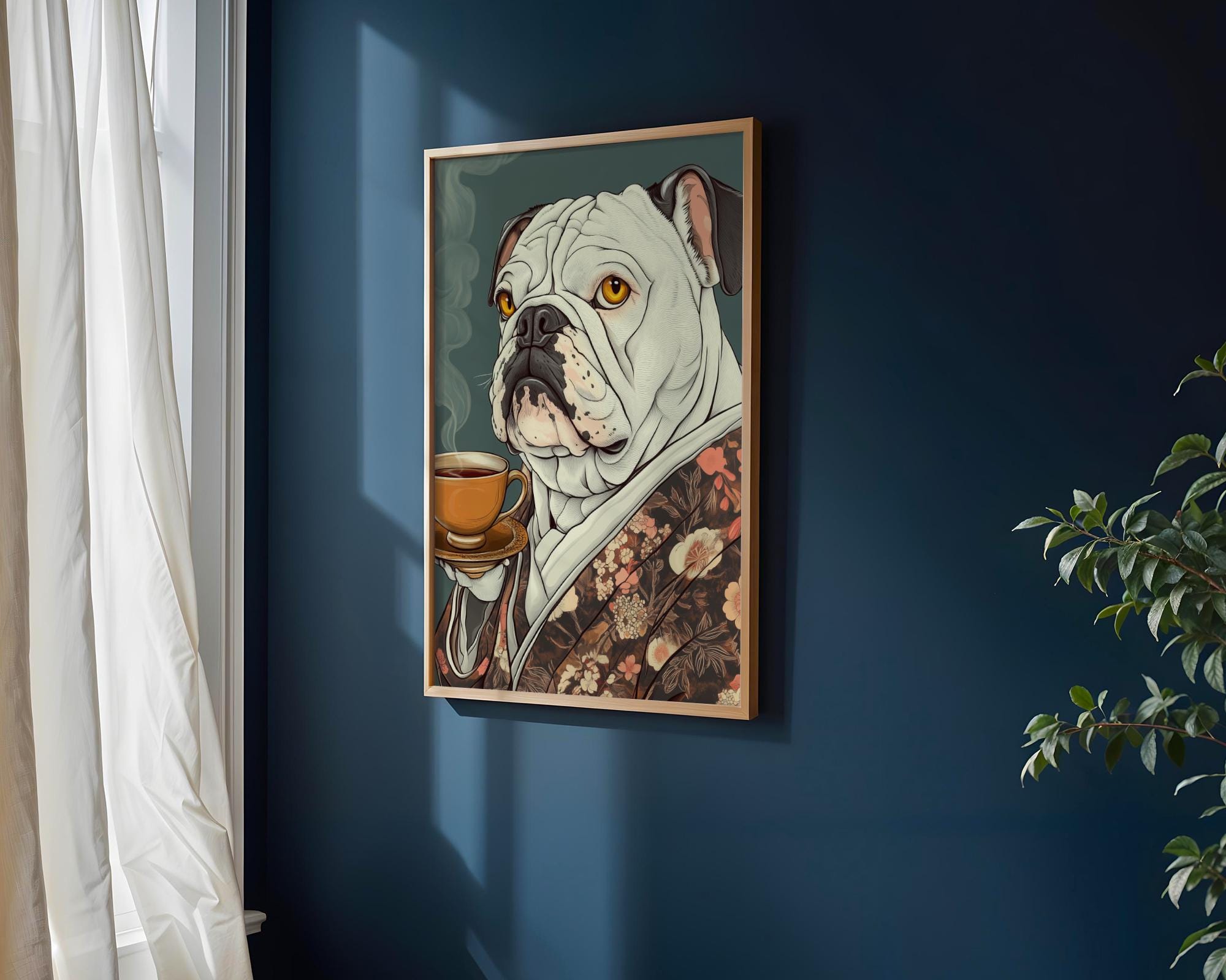 Japanese Poster | Bulldog Kimono Art Print – Funny Oriental Dog Tea wall art print, modern home decor, unframed artwork by Nomad & Nest