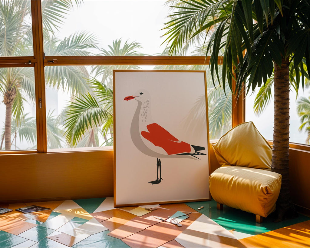 Red Seagull Art Print, Coastal Home Decor, Modern Sea Bird Illustration wall art print, modern home decor, unframed artwork by Nomad & Nest