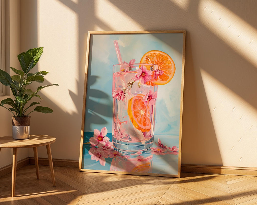 Colourful Prints | Floral Cocktail Art Print | Pink Citrus Drink Poster wall art print, modern home decor, unframed artwork by Nomad & Nest