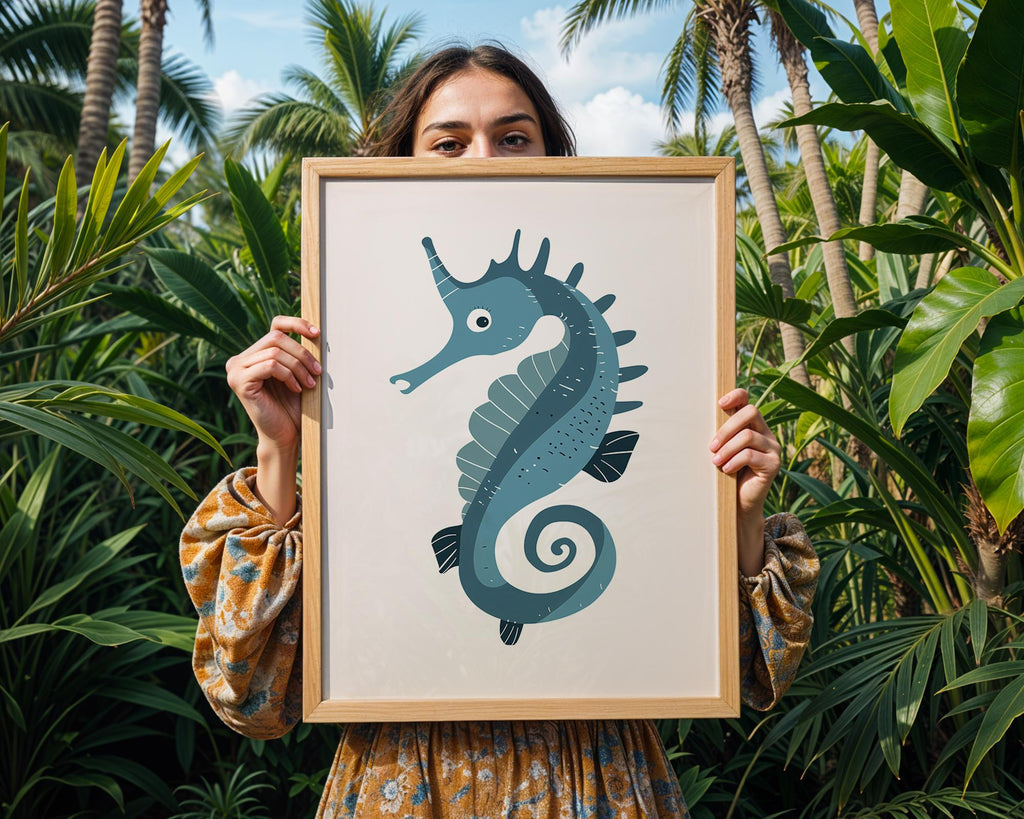 Blue Seahorse Print, Whimsical Coastal Nursery Decor, Kids Bedroom Poster wall art print, modern home decor, unframed artwork by Nomad & Nest