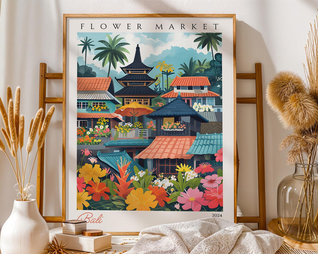 Bali Flower Market Art Print | Vintage Indonesian Travel Poster wall art print, modern home decor, unframed artwork by Nomad & Nest