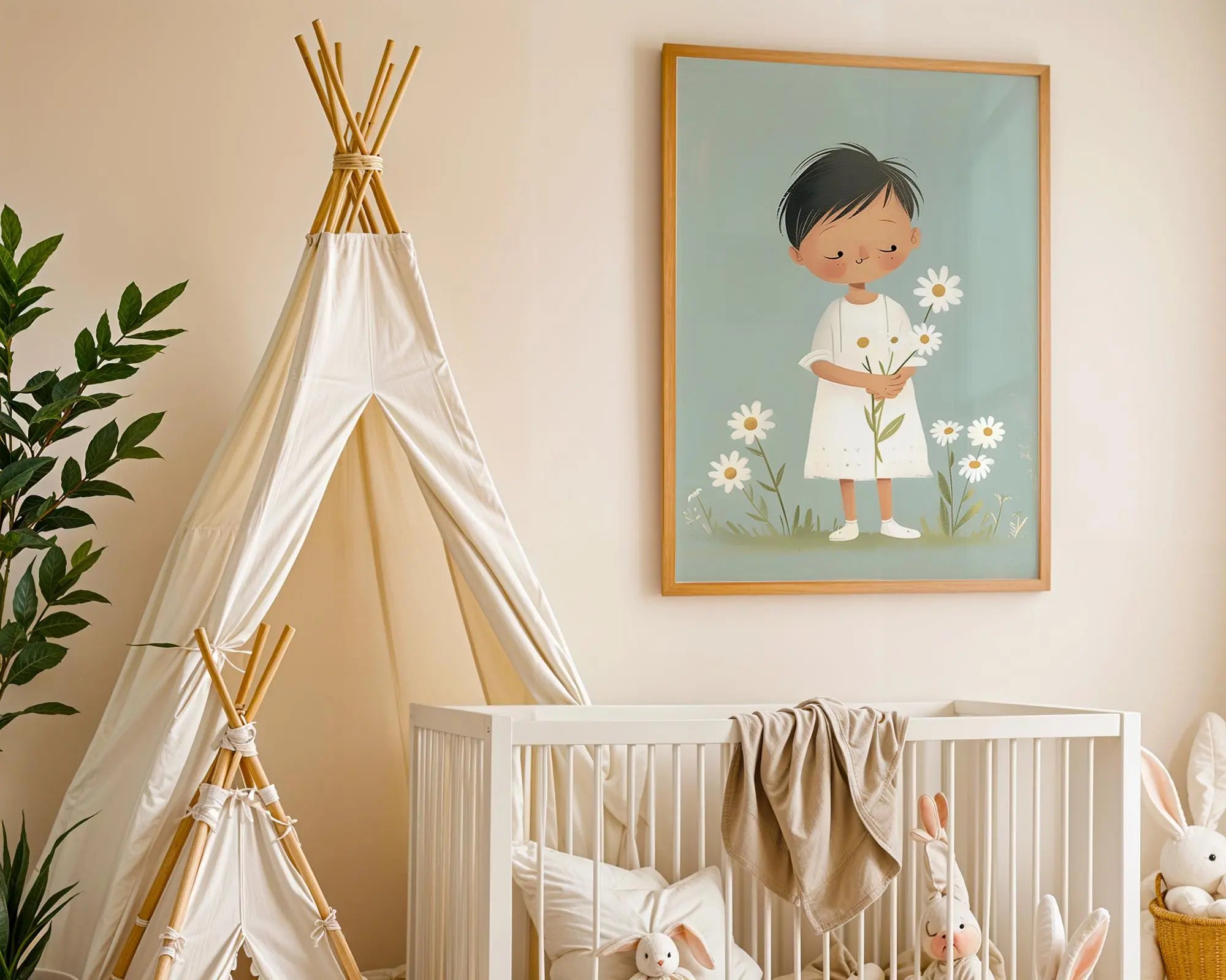 Playroom Ideas | Child With Flowers Nursery Print | Soft Boho Wall Art wall art print, modern home decor, unframed artwork by Nomad & Nest