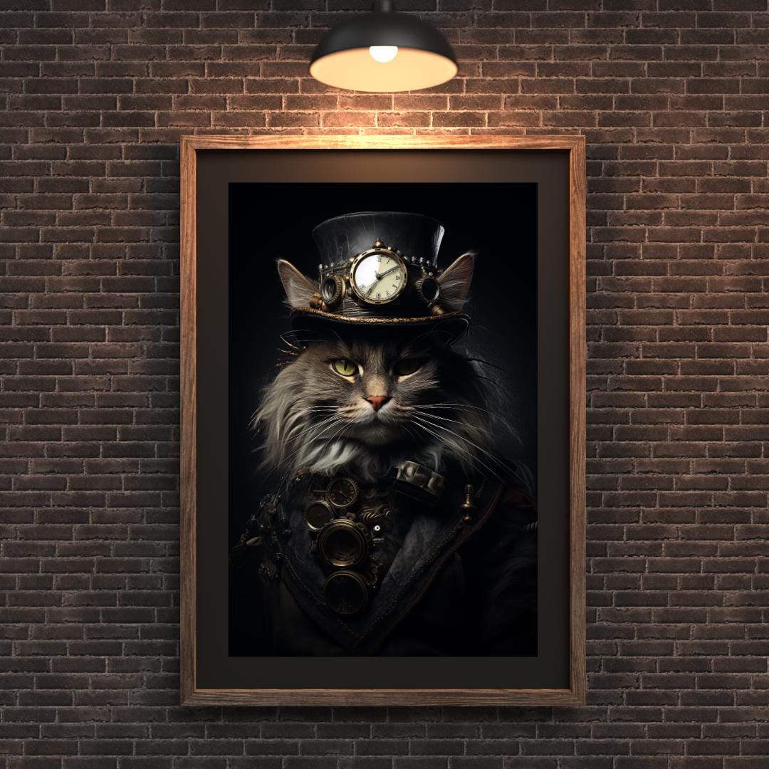 Steampunk Cat Portrait Print | Victorian Top Hat Animal Wall Art wall art print, modern home decor, unframed artwork by Nomad & Nest