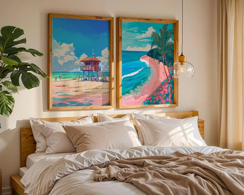 Colourful Prints | Beach Prints Set • Palm Tree & Lifeguard Tower Coastal Art wall art print, modern home decor, unframed artwork by Nomad & Nest