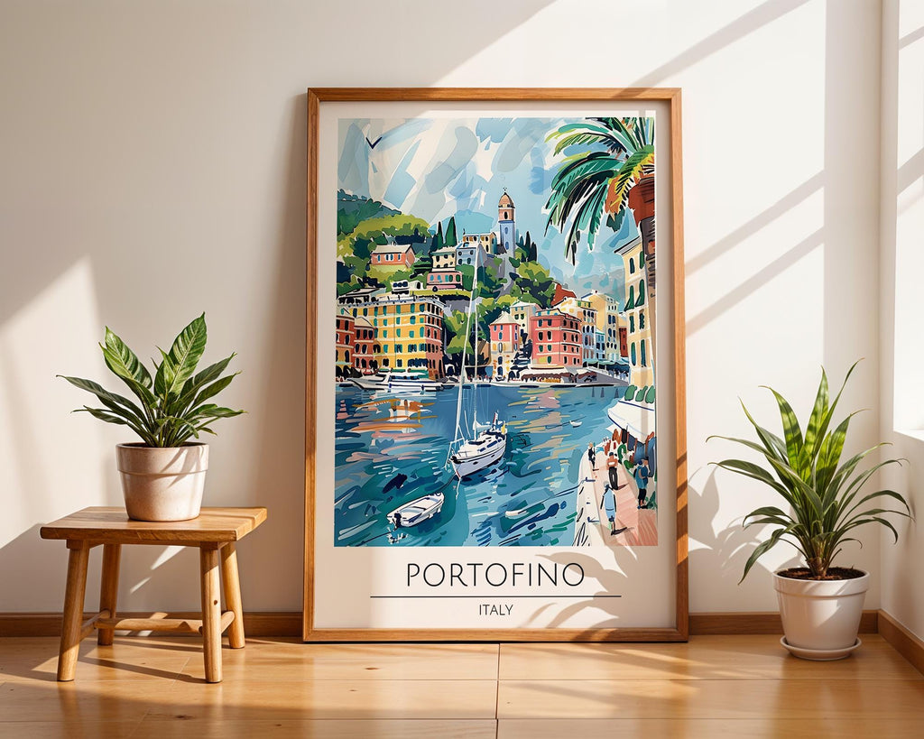 Portofino Italy Travel Poster | Colourful Seaside Village Art Print wall art print, modern home decor, unframed artwork by Nomad & Nest