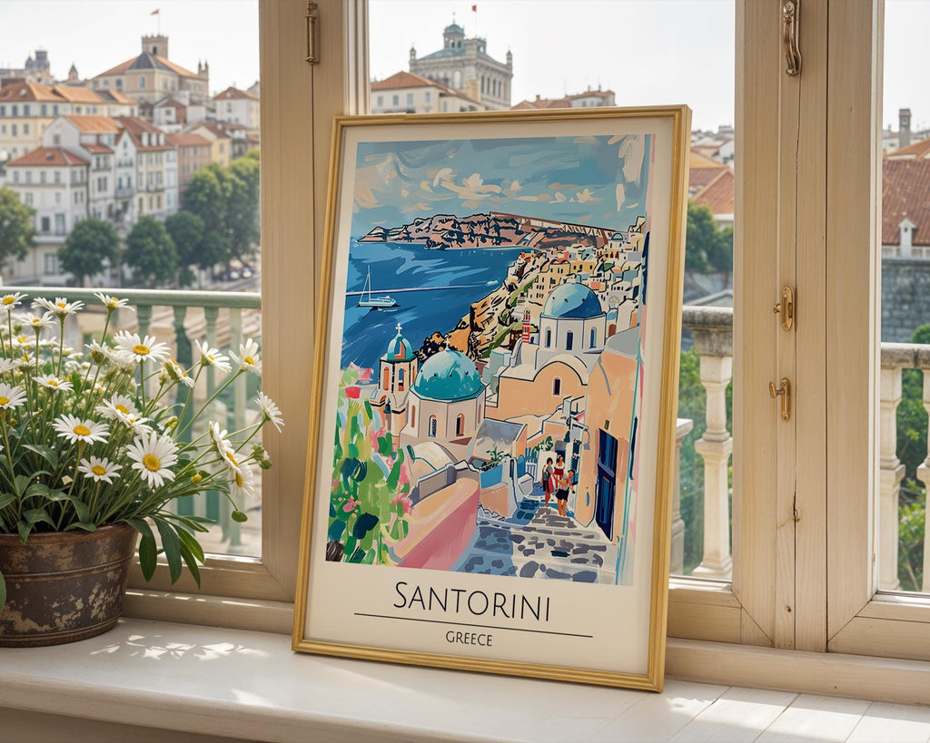 Santorini Greece Travel Poster | Aegean Blue Dome Art Print wall art print, modern home decor, unframed artwork by Nomad & Nest