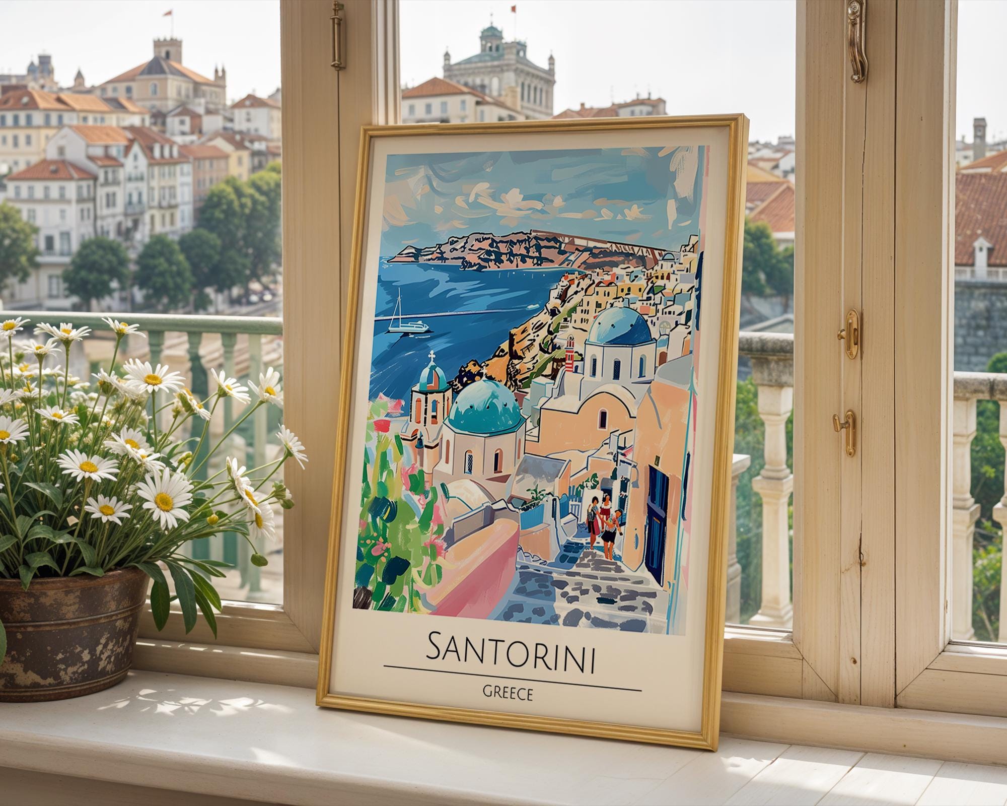 Santorini Greece Travel Poster | Aegean Blue Dome Art Print wall art print, modern home decor, unframed artwork by Nomad & Nest