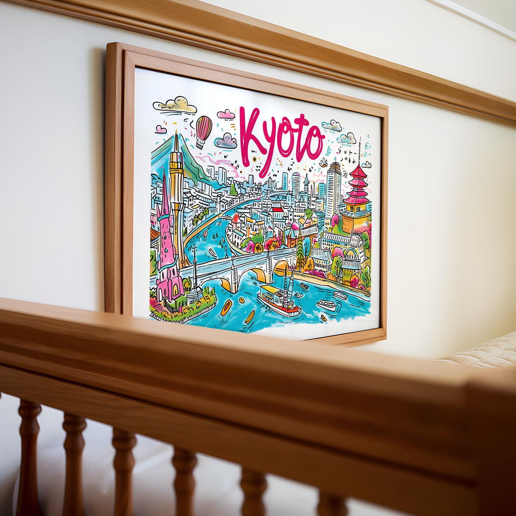 Kyoto Japan Cityscape Art Print | Colorful Travel Poster wall art print, modern home decor, unframed artwork by Nomad & Nest