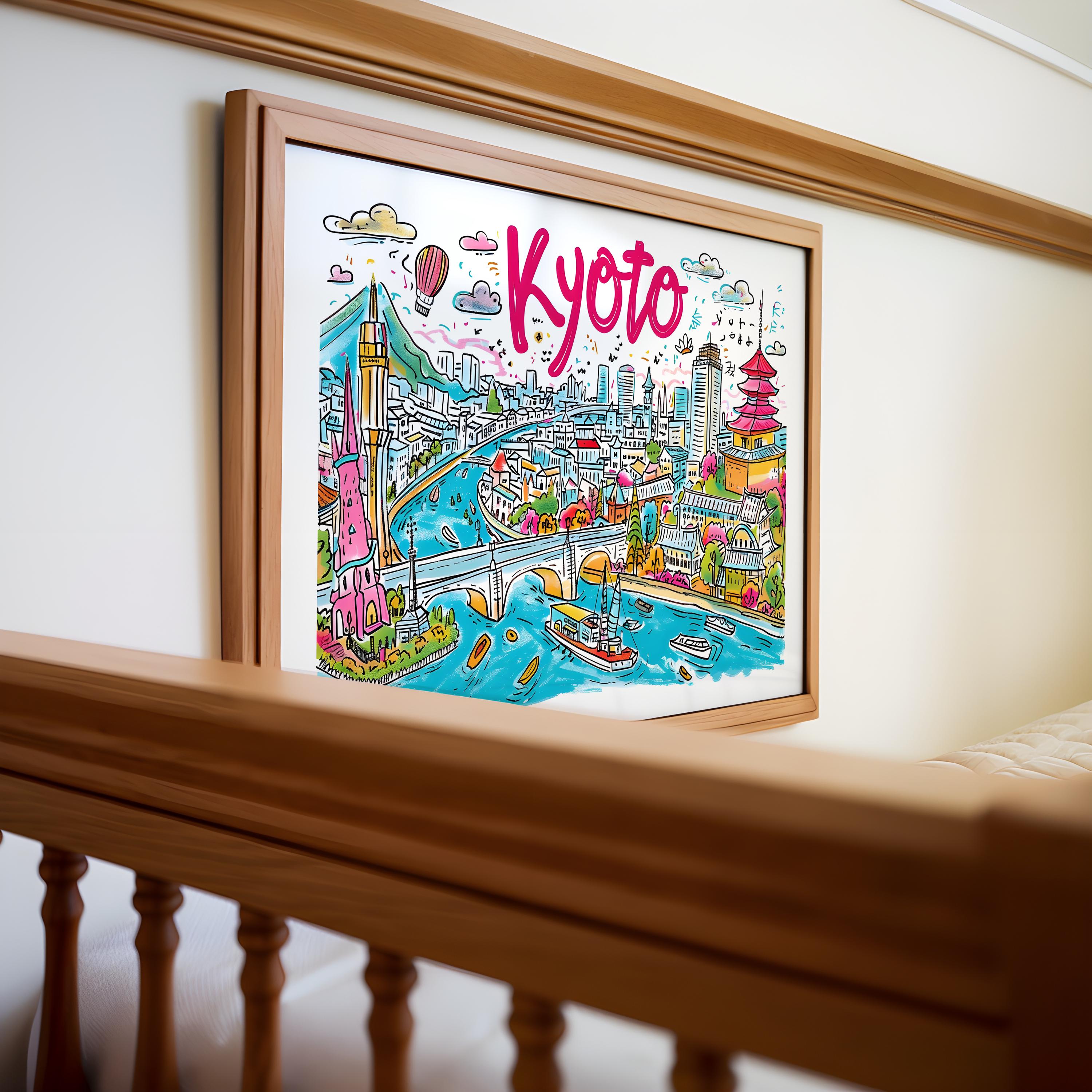Kyoto Japan Cityscape Art Print | Colorful Travel Poster wall art print, modern home decor, unframed artwork by Nomad & Nest