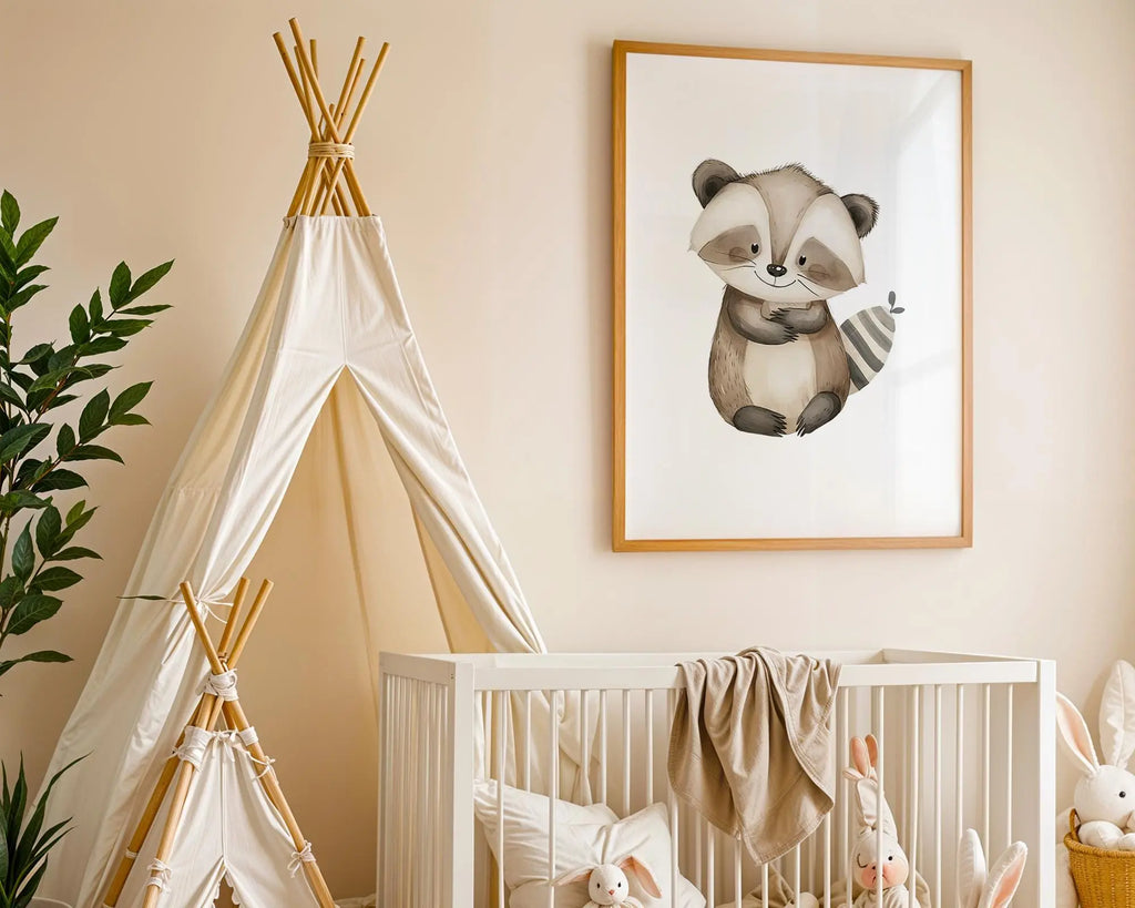 Playroom Ideas | Raccoon Nursery Wall Art | Woodland Animal Baby Illustration wall art print, modern home decor, unframed artwork by Nomad & Nest