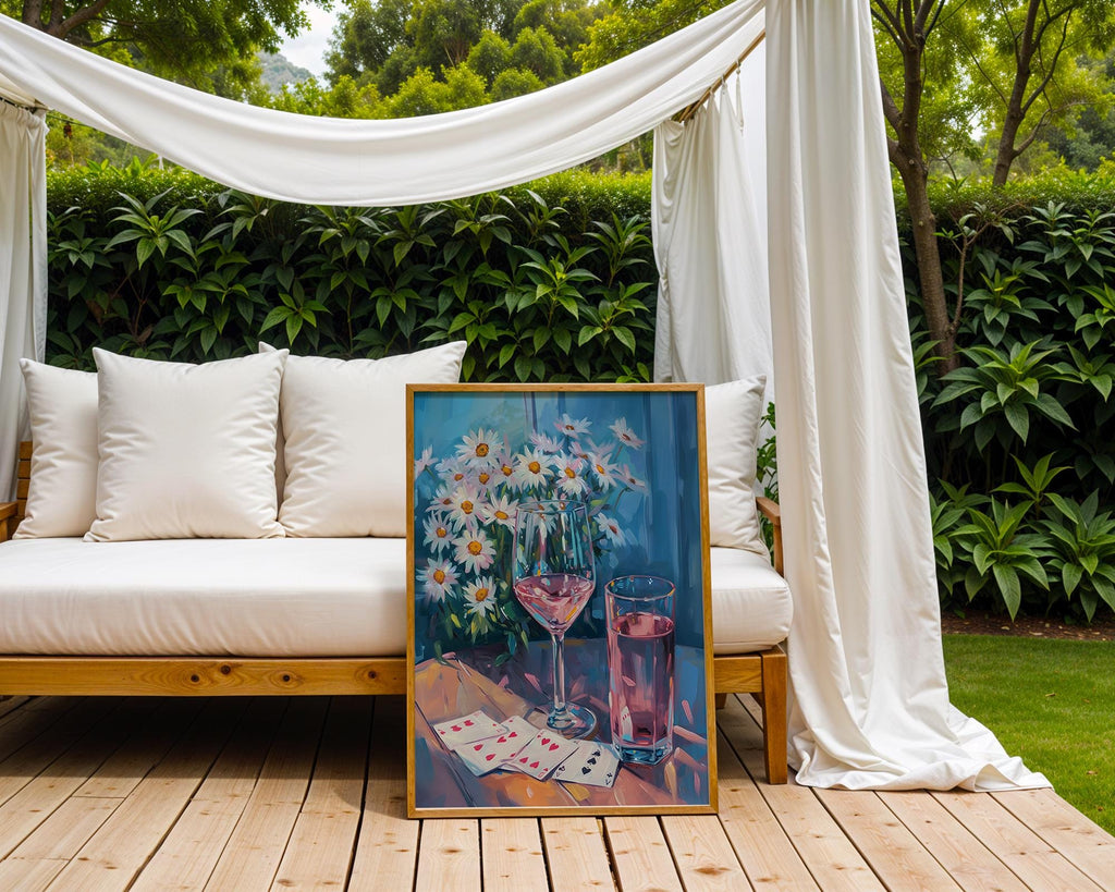 Colourful Prints | Daisy Still Life Print | Rosé, Wine, and Cards Wall Art wall art print, modern home decor, unframed artwork by Nomad & Nest