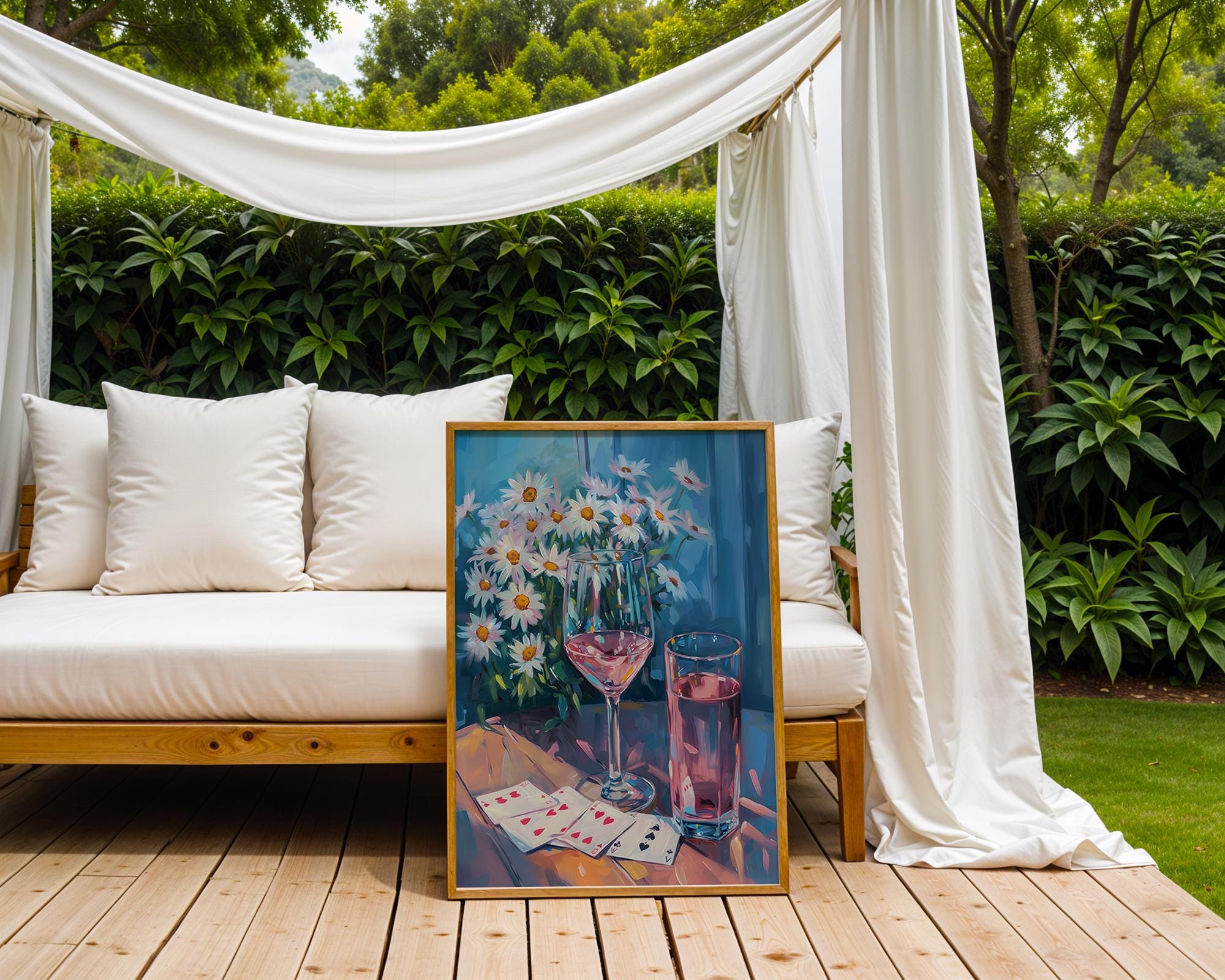 Colourful Prints | Daisy Still Life Print | Rosé, Wine, and Cards Wall Art wall art print, modern home decor, unframed artwork by Nomad & Nest
