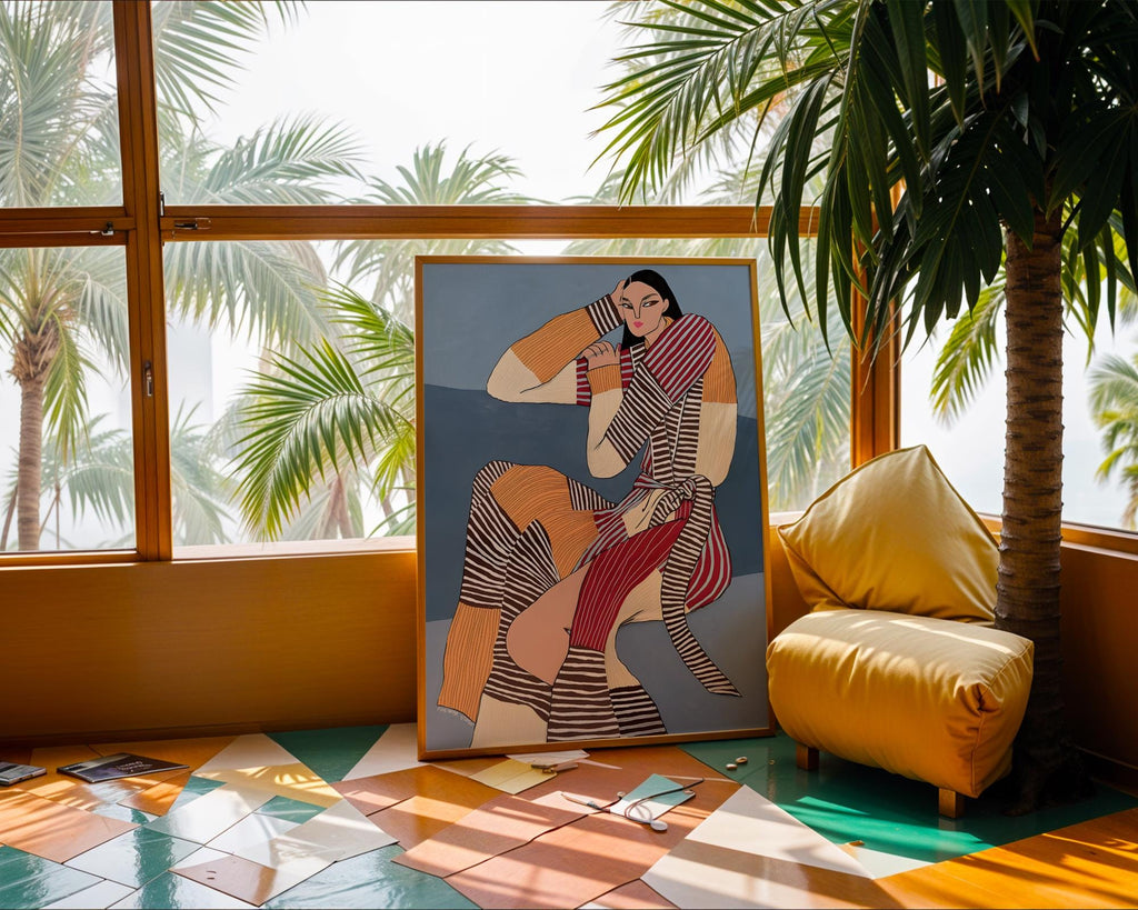 Modern Woman Fashion Illustration Art Print | Striped Outfit Portrait wall art print, modern home decor, unframed artwork by Nomad & Nest