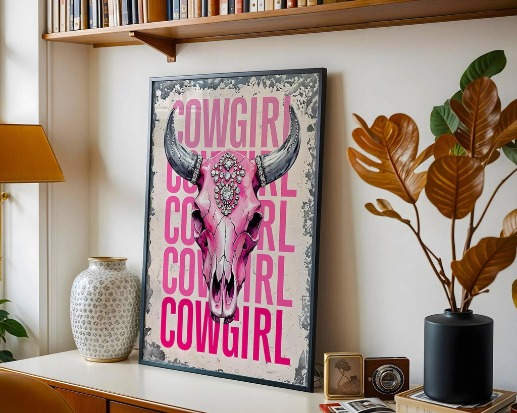 Pink Cowgirl Skull Art Print – Rhinestone Western Glam Decor wall art print, modern home decor, unframed artwork by Nomad & Nest