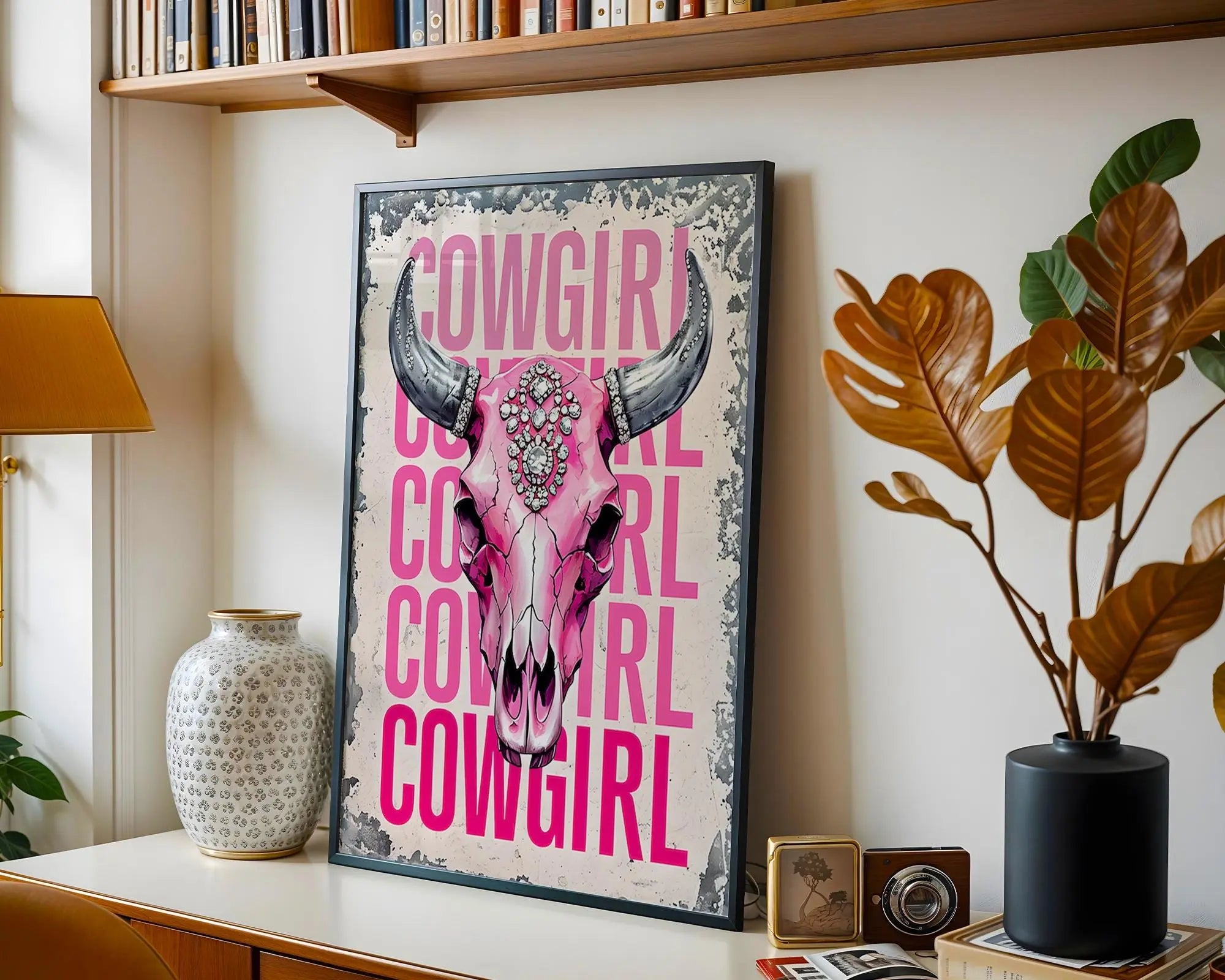 Pink Cowgirl Skull Art Print – Rhinestone Western Glam Decor wall art print, modern home decor, unframed artwork by Nomad & Nest