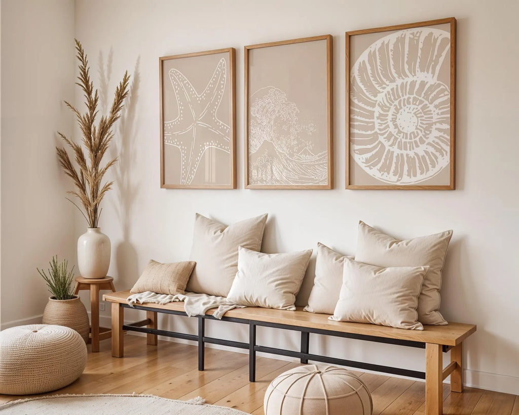 Colourful Prints | Coastal Print Set | Taupe Beach Art, Starfish, Wave, Shell wall art print, modern home decor, unframed artwork by Nomad & Nest