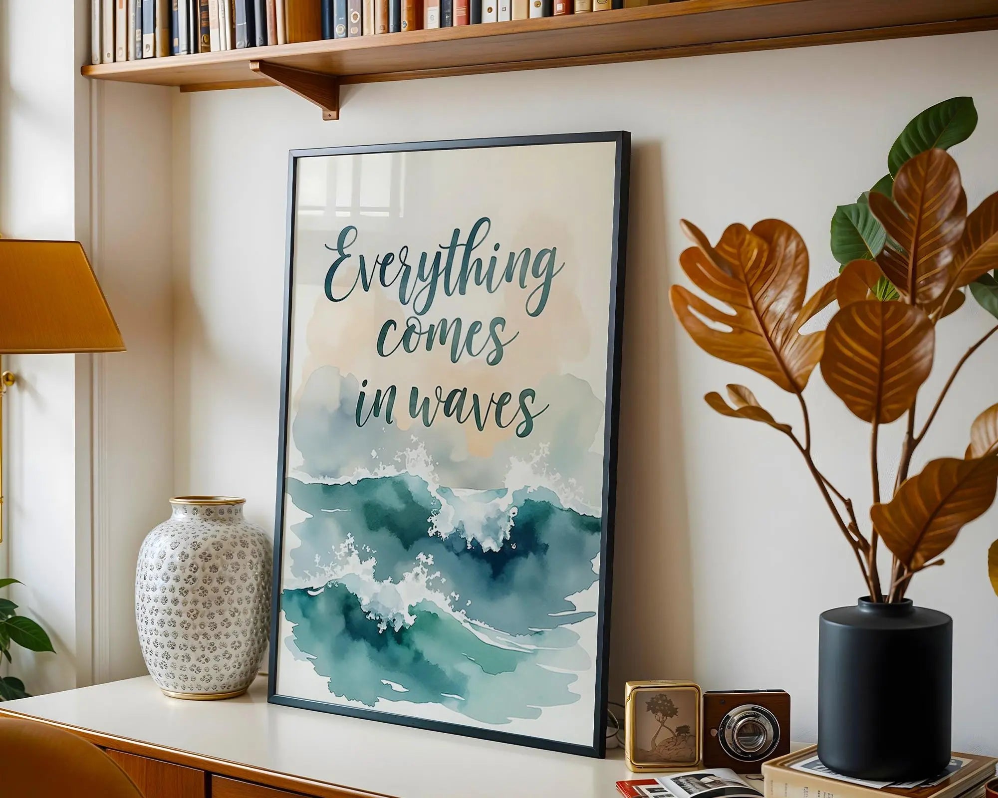 Positive Emotion | Everything Comes in Waves | Ocean Watercolour Quote | Coastal Calm Wall Art wall art print, modern home decor, unframed artwork by Nomad & Nest