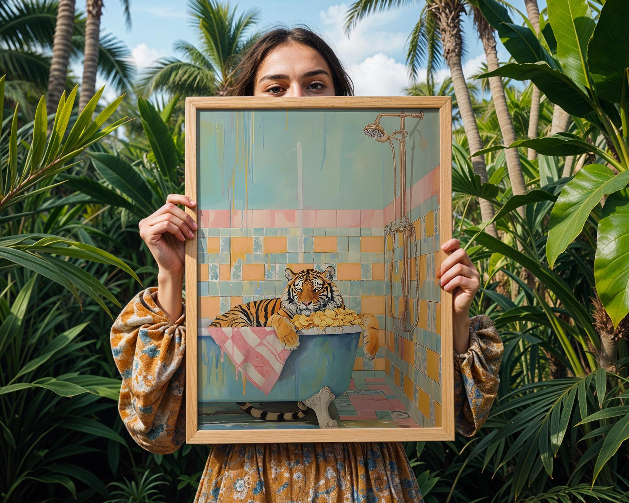 Colourful Prints | Funny Tiger in Bathtub Art Print | Playful Bathroom Decor wall art print, modern home decor, unframed artwork by Nomad & Nest