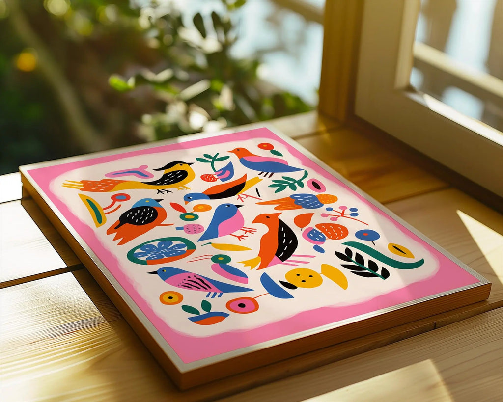 Colorful Birds Art Print | Modern Scandinavian Folk Poster wall art print, modern home decor, unframed artwork by Nomad & Nest