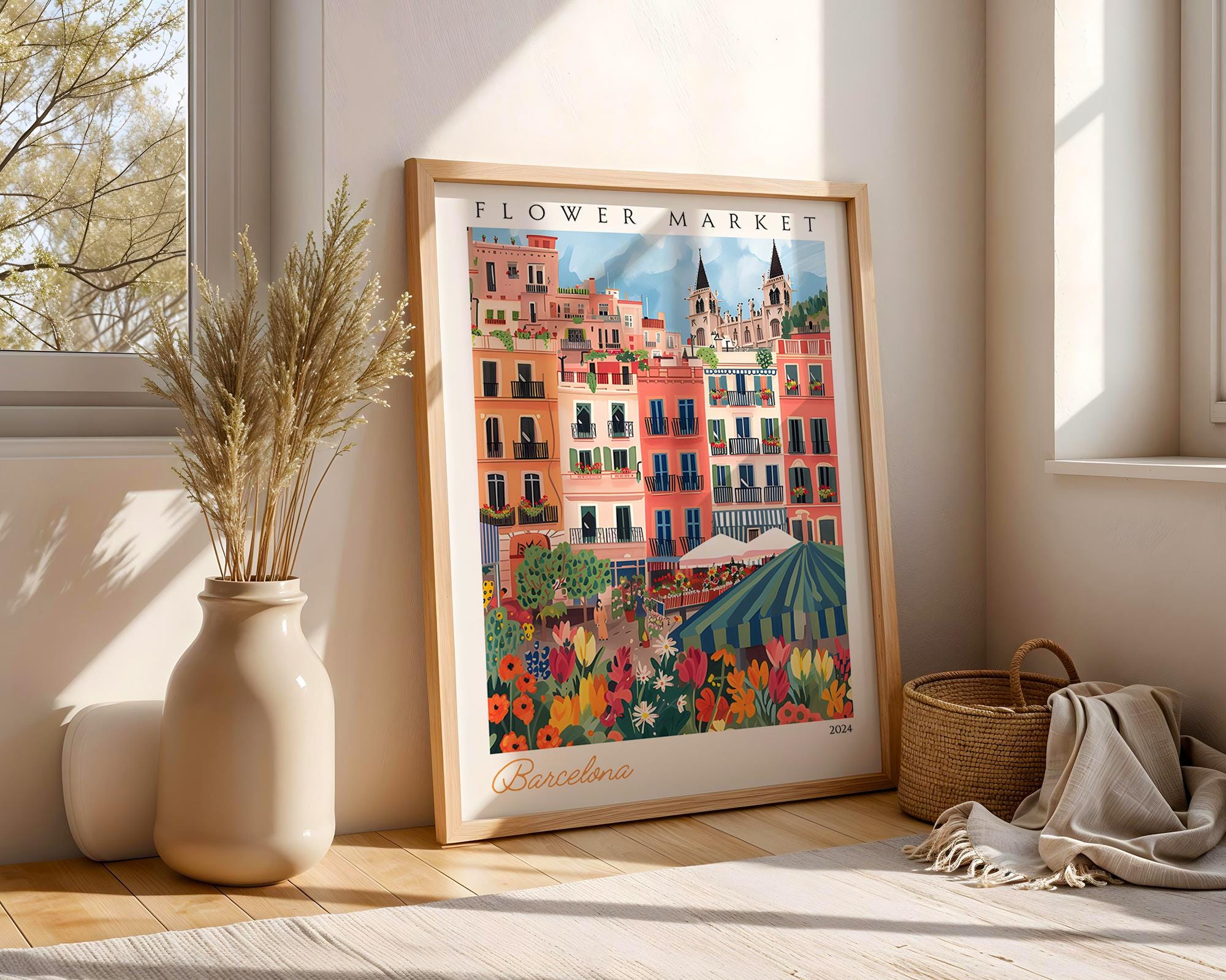 Barcelona Flower Market Print | Vintage Spanish Travel Poster wall art print, modern home decor, unframed artwork by Nomad & Nest