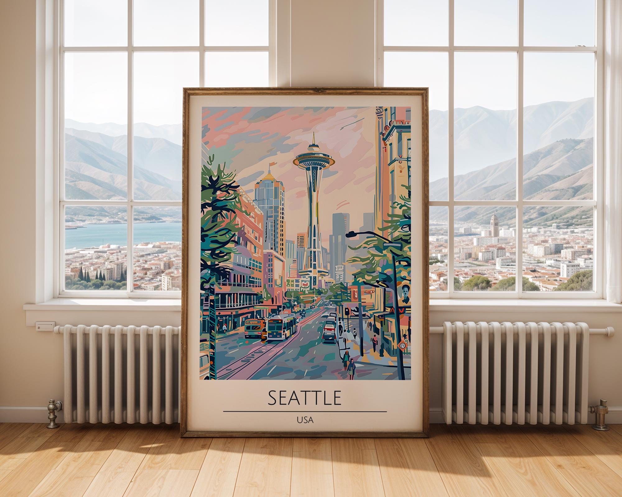Seattle Travel Poster | Space Needle Skyline Art Print wall art print, modern home decor, unframed artwork by Nomad & Nest