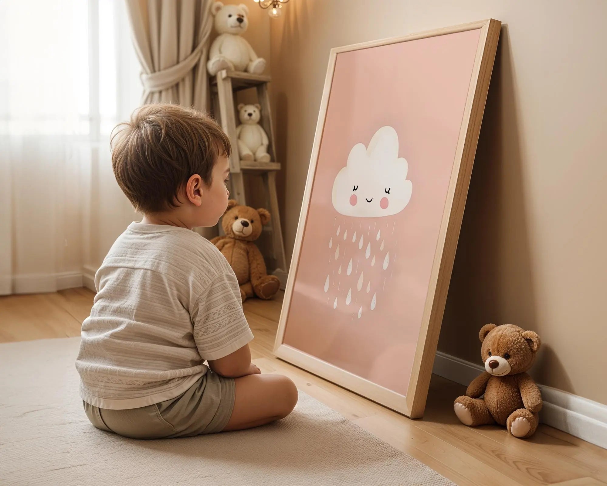 Playroom Ideas | Blush Cloud Nursery Wall Art | Boho Rain Baby Print wall art print, modern home decor, unframed artwork by Nomad & Nest