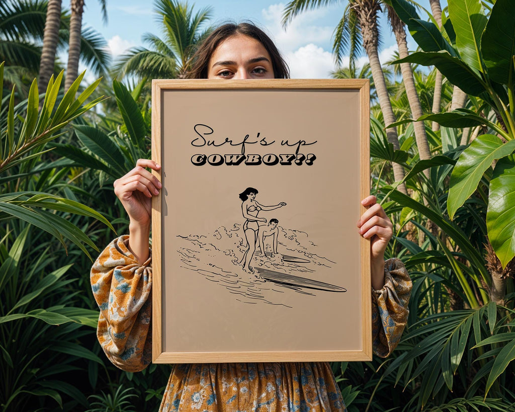 Coastal Cowgirl Surfing Art Print | Retro Beach Poster wall art print, modern home decor, unframed artwork by Nomad & Nest