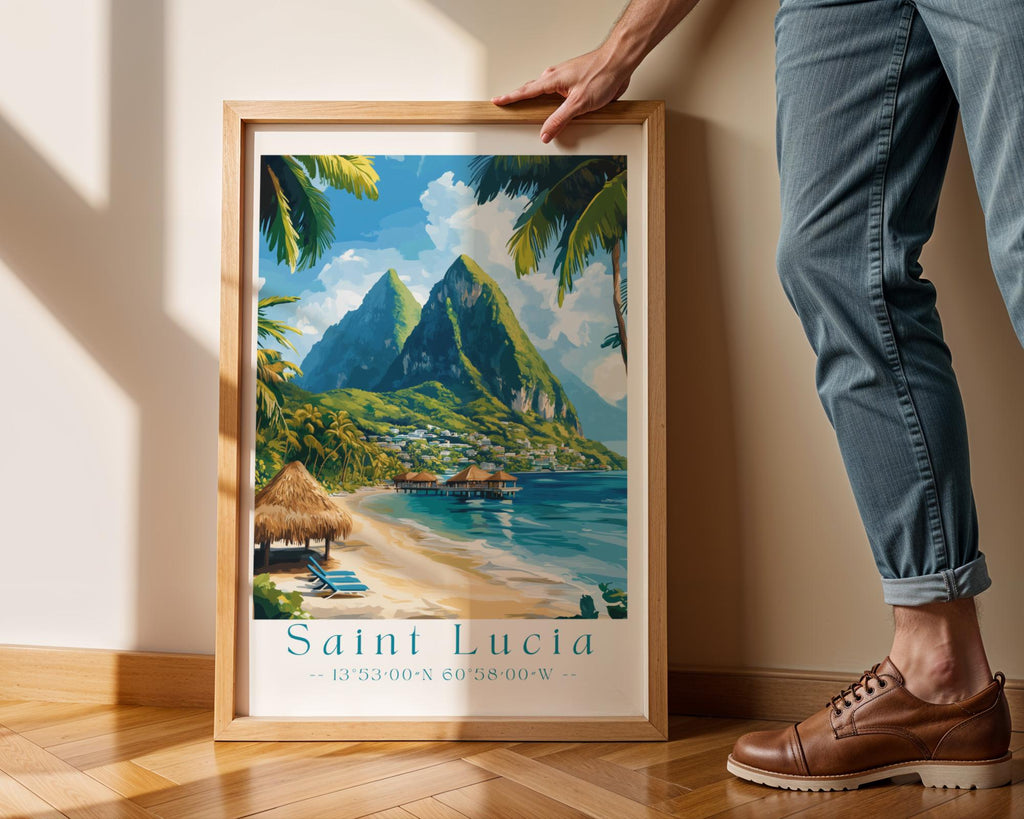 Saint Lucia Travel Poster | Pitons Beach Illustration Art Print wall art print, modern home decor, unframed artwork by Nomad & Nest