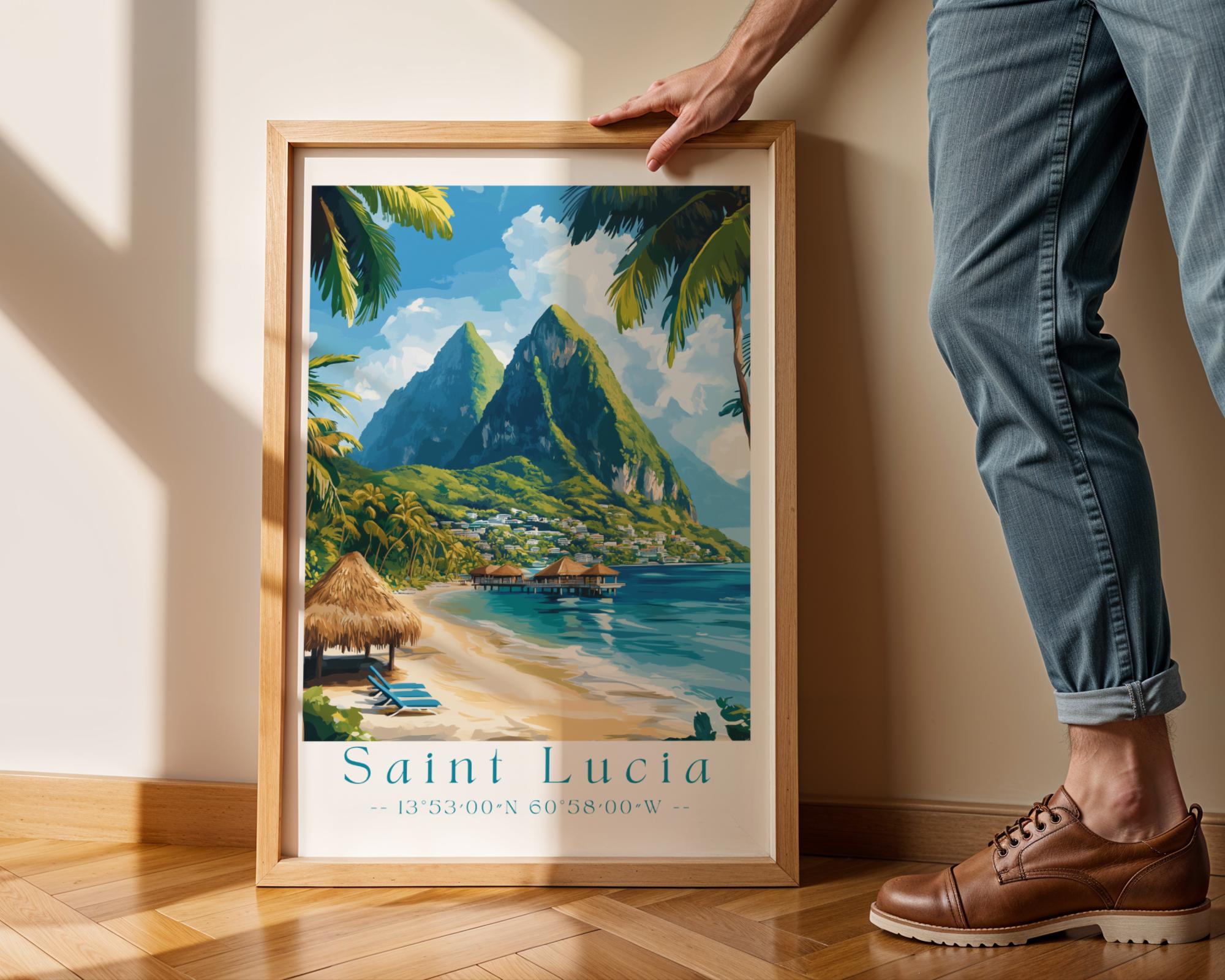 Saint Lucia Travel Poster | Pitons Beach Illustration Art Print wall art print, modern home decor, unframed artwork by Nomad & Nest