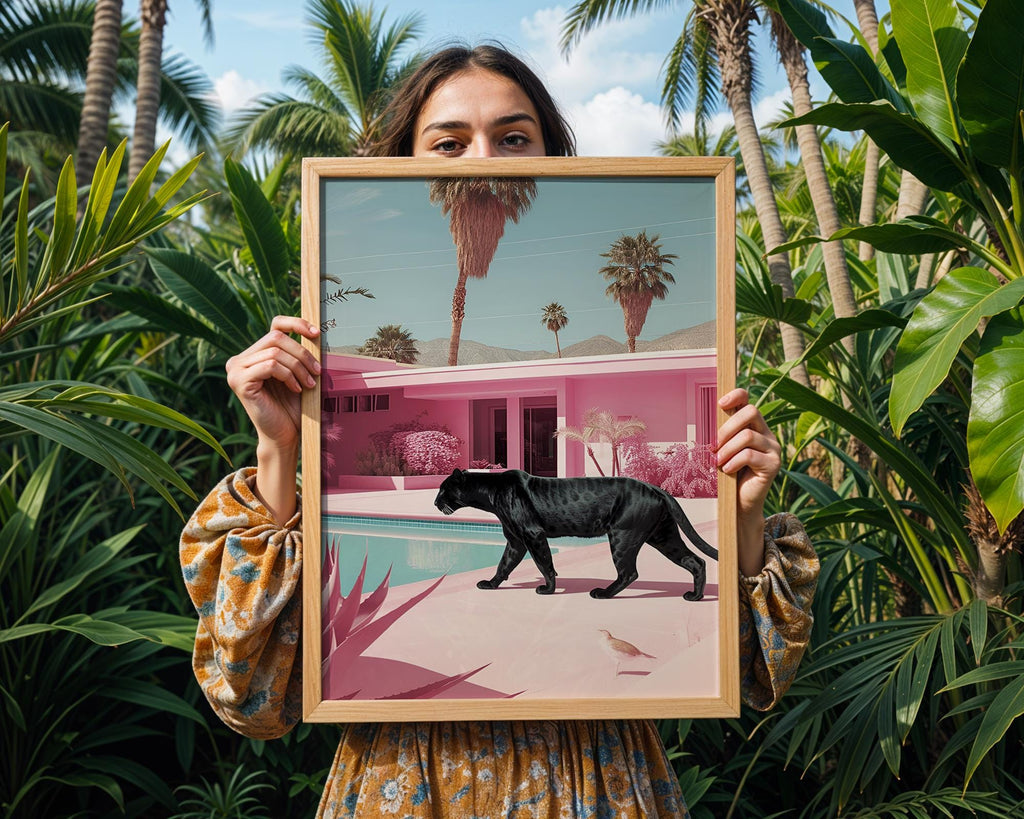 Colourful Prints | Panther Poolside Art Print | Retro Palm Springs, Tropical Pink wall art print, modern home decor, unframed artwork by Nomad & Nest