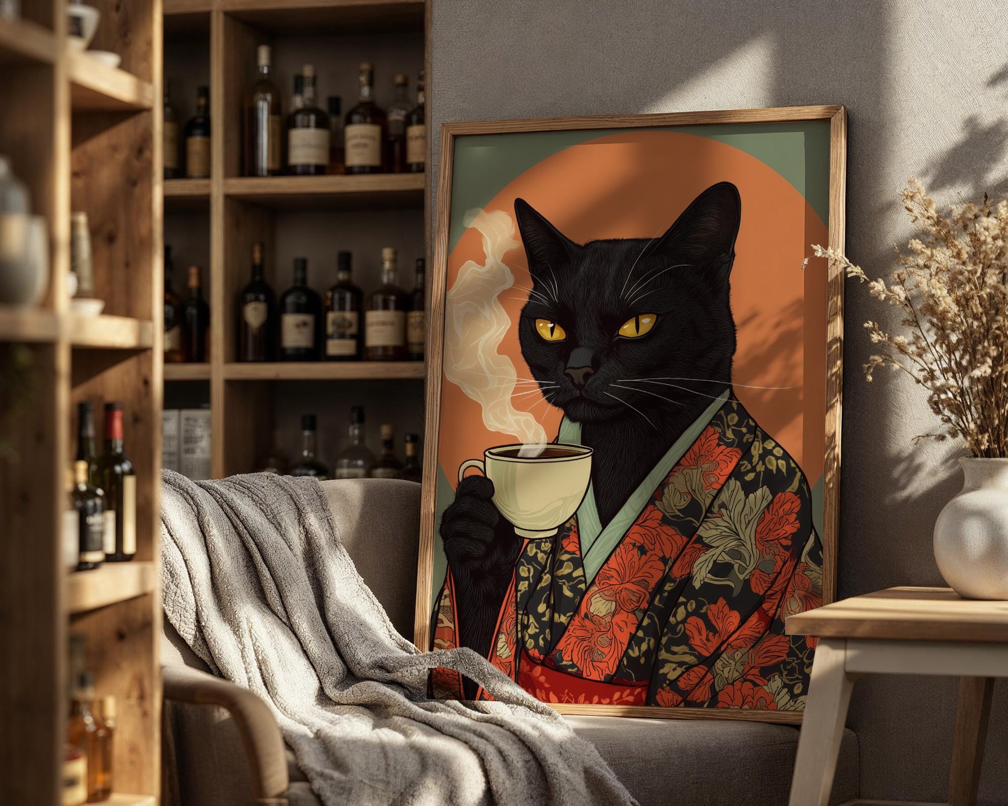 Japanese Poster | Kimono Black Cat Print – Coffee Lover Art wall art print, modern home decor, unframed artwork by Nomad & Nest