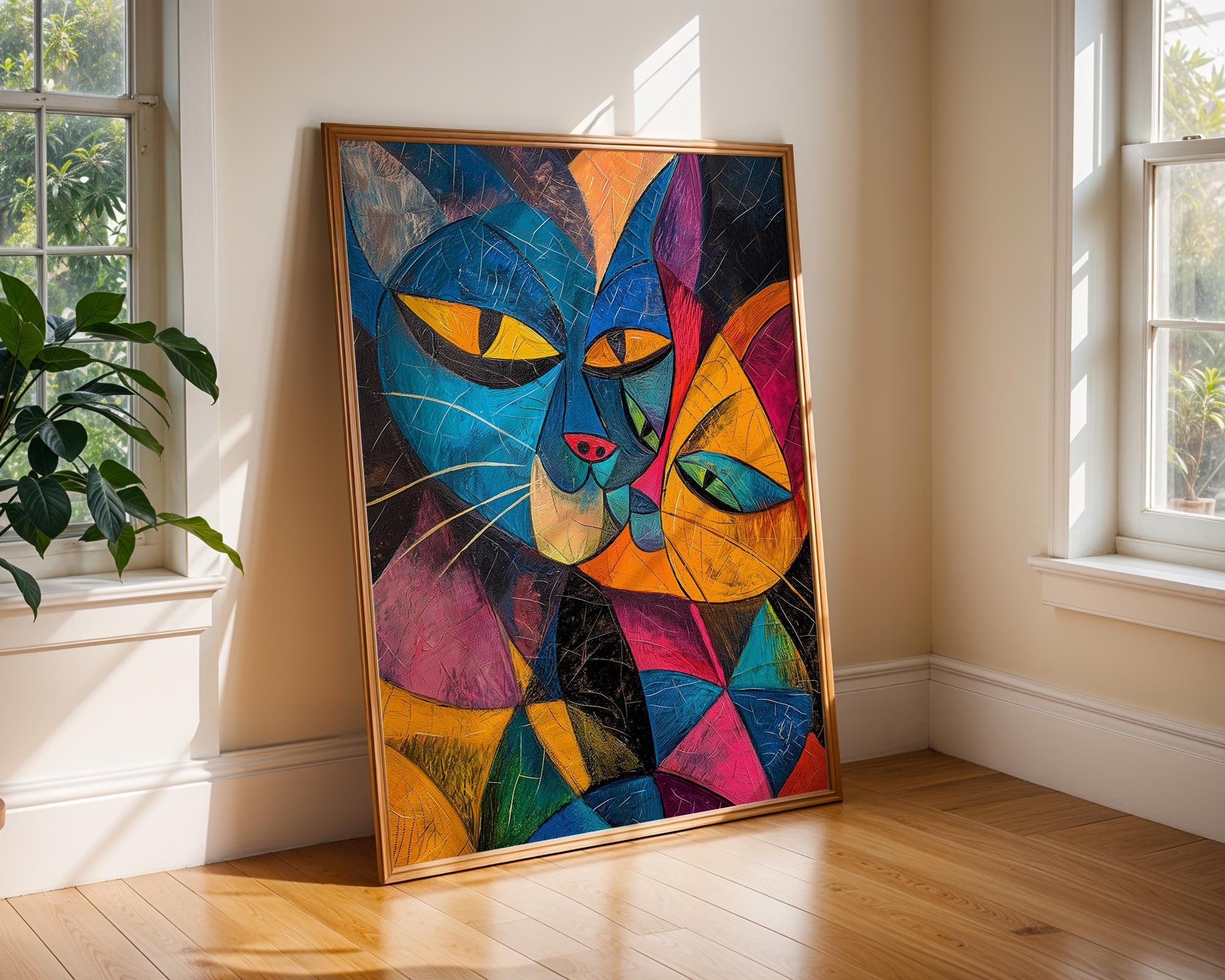 Cubist Cat Art Print | Colourful Geometric Feline Home Decor wall art print, modern home decor, unframed artwork by Nomad & Nest