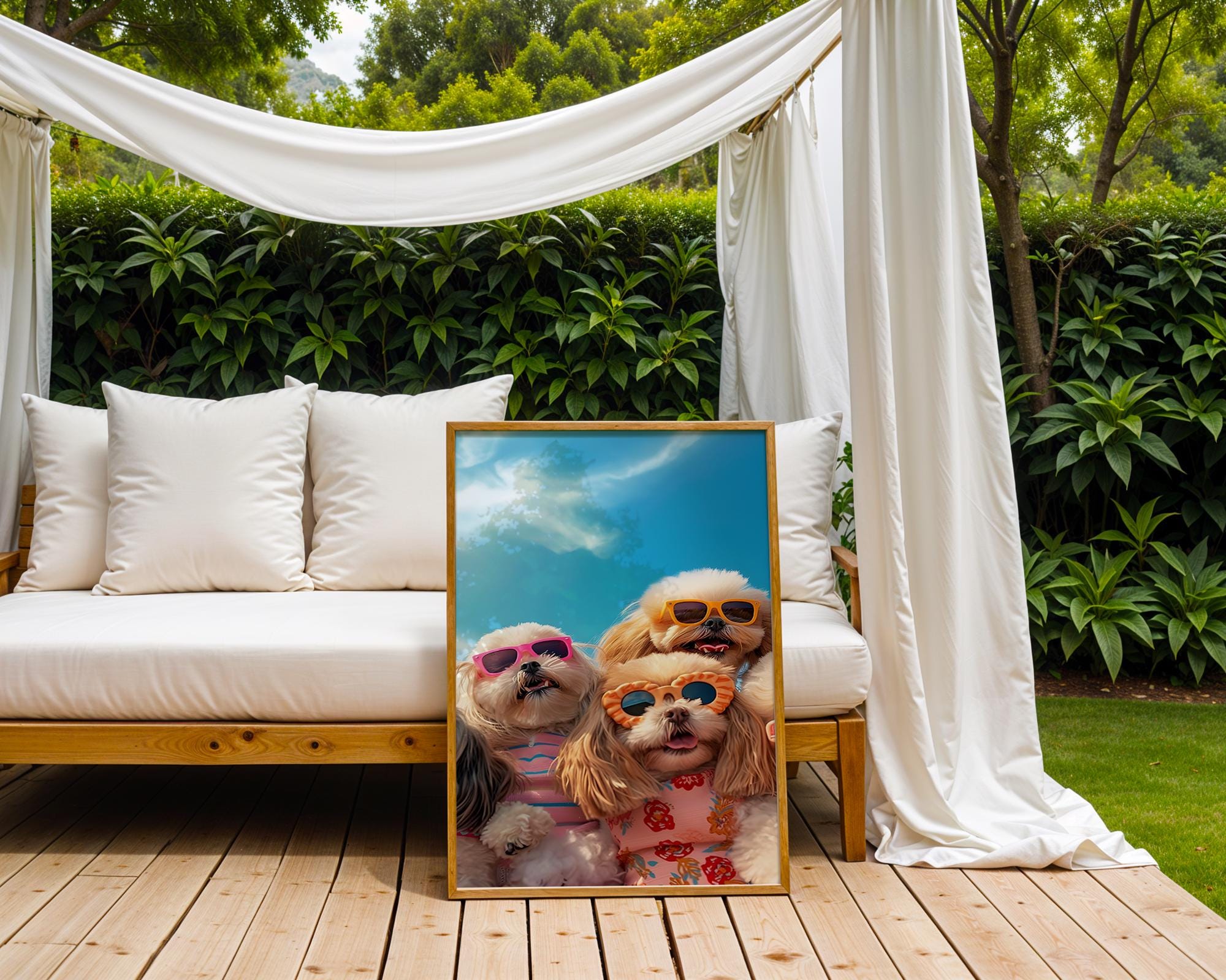 Colourful Prints | Funny Dogs Beach Print | Tropical Pup Art with Sunglasses wall art print, modern home decor, unframed artwork by Nomad & Nest