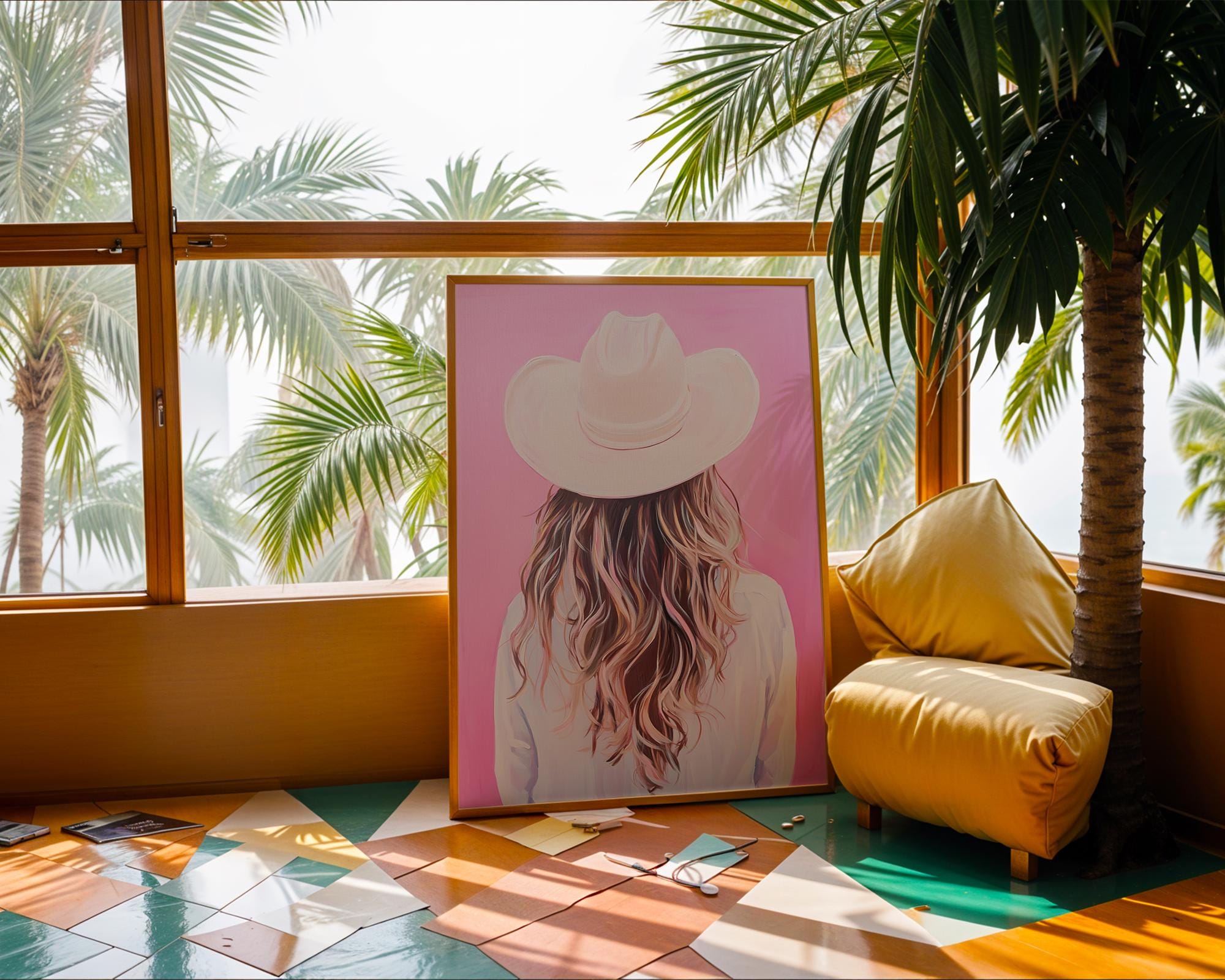 Coastal Cowgirl Art Print | Blonde Hair, Pink Western Decor wall art print, modern home decor, unframed artwork by Nomad & Nest