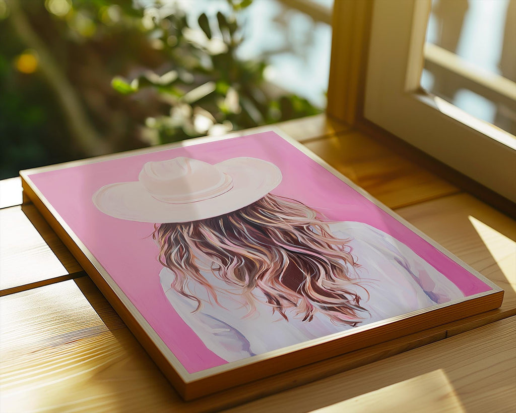 Coastal Cowgirl Art Print | Blonde Hair, Pink Western Decor wall art print, modern home decor, unframed artwork by Nomad & Nest