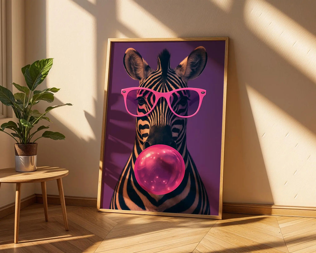 Colourful Prints | Zebra Bubblegum Art Print | Funky Pink Glasses Animal Wall Decor wall art print, modern home decor, unframed artwork by Nomad & Nest