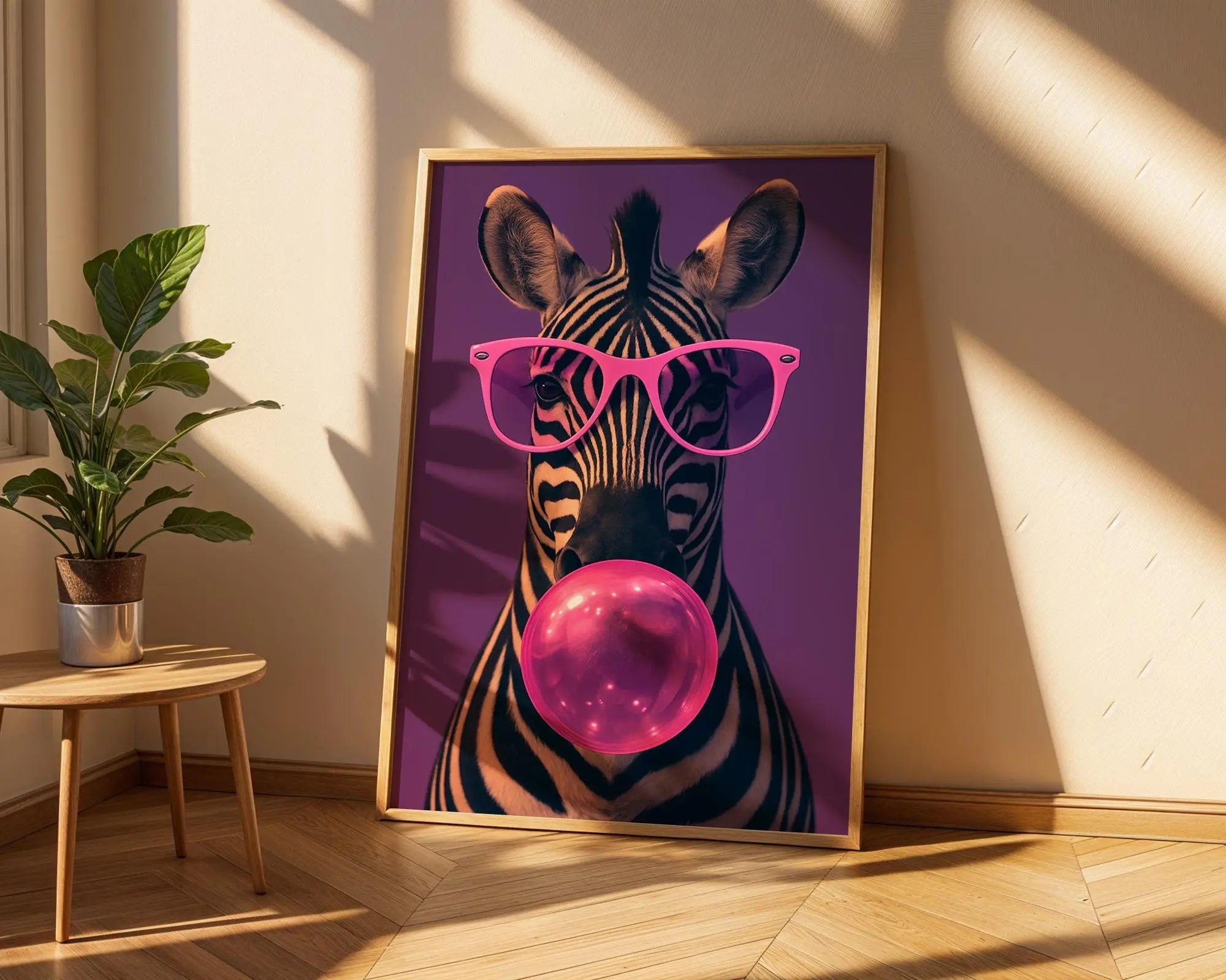 Colourful Prints | Zebra Bubblegum Art Print | Funky Pink Glasses Animal Wall Decor wall art print, modern home decor, unframed artwork by Nomad & Nest