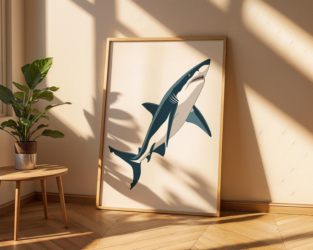 Modern Blue Great White Shark Print, Minimalist Ocean Wall Art wall art print, modern home decor, unframed artwork by Nomad & Nest