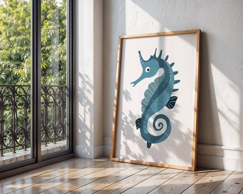 Blue Seahorse Print, Whimsical Coastal Nursery Decor, Kids Bedroom Poster wall art print, modern home decor, unframed artwork by Nomad & Nest