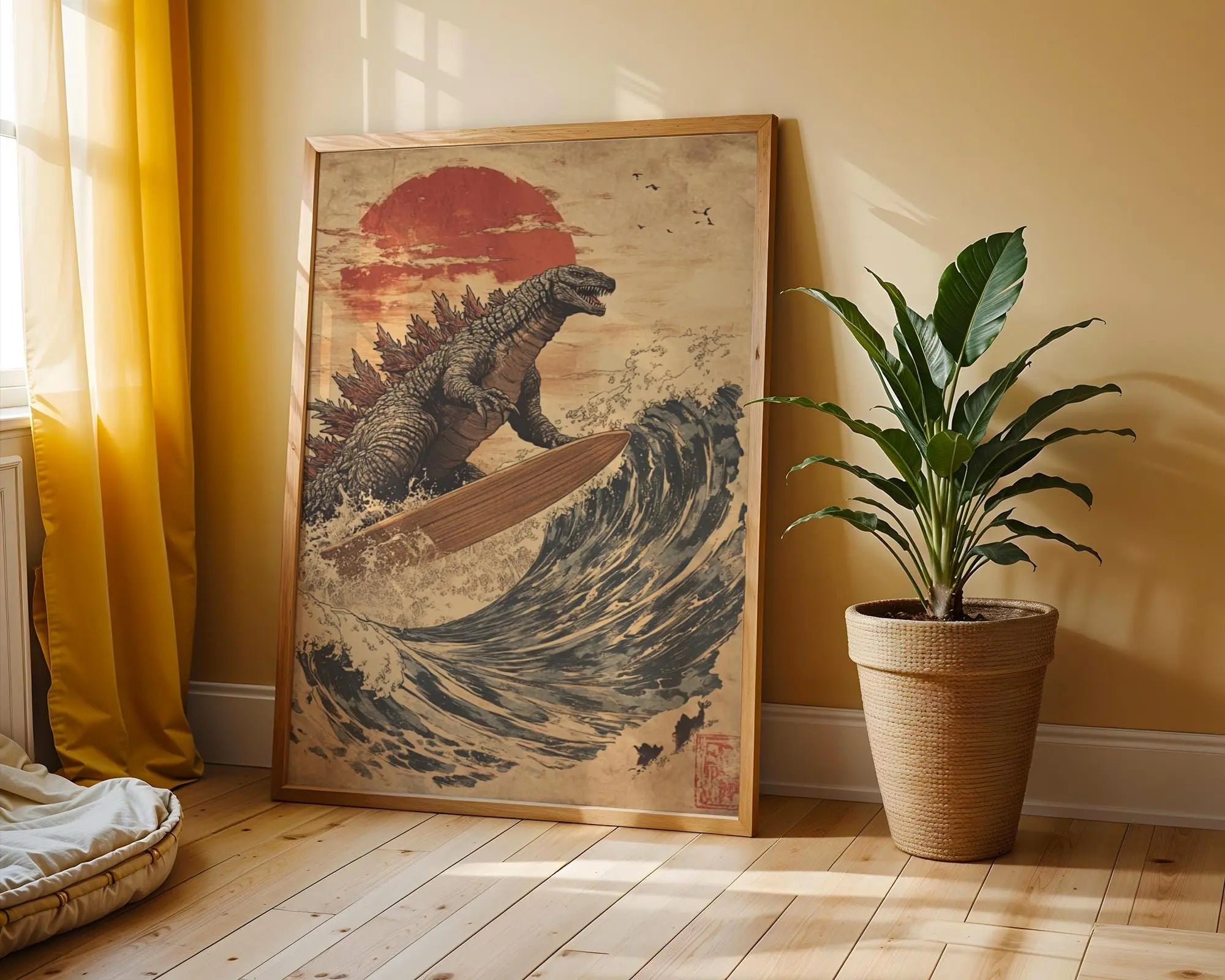 Japanese Poster | Godzilla Surfing Ukiyo-e Wave Art Print –  Kaiju wall art print, modern home decor, unframed artwork by Nomad & Nest