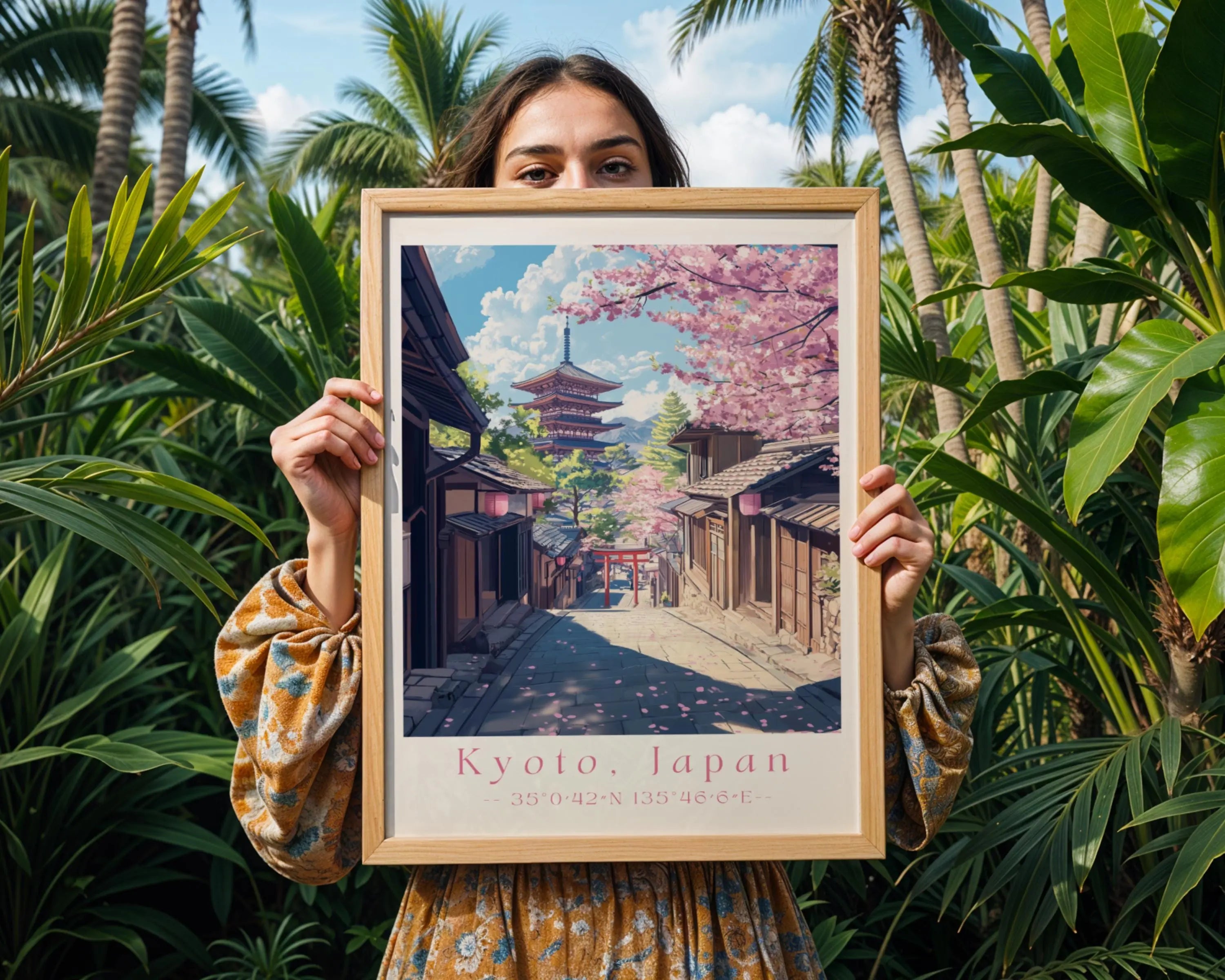 Kyoto Japan Print – Cherry Blossom, Temple Street Scene wall art print, modern home decor, unframed artwork by Nomad & Nest