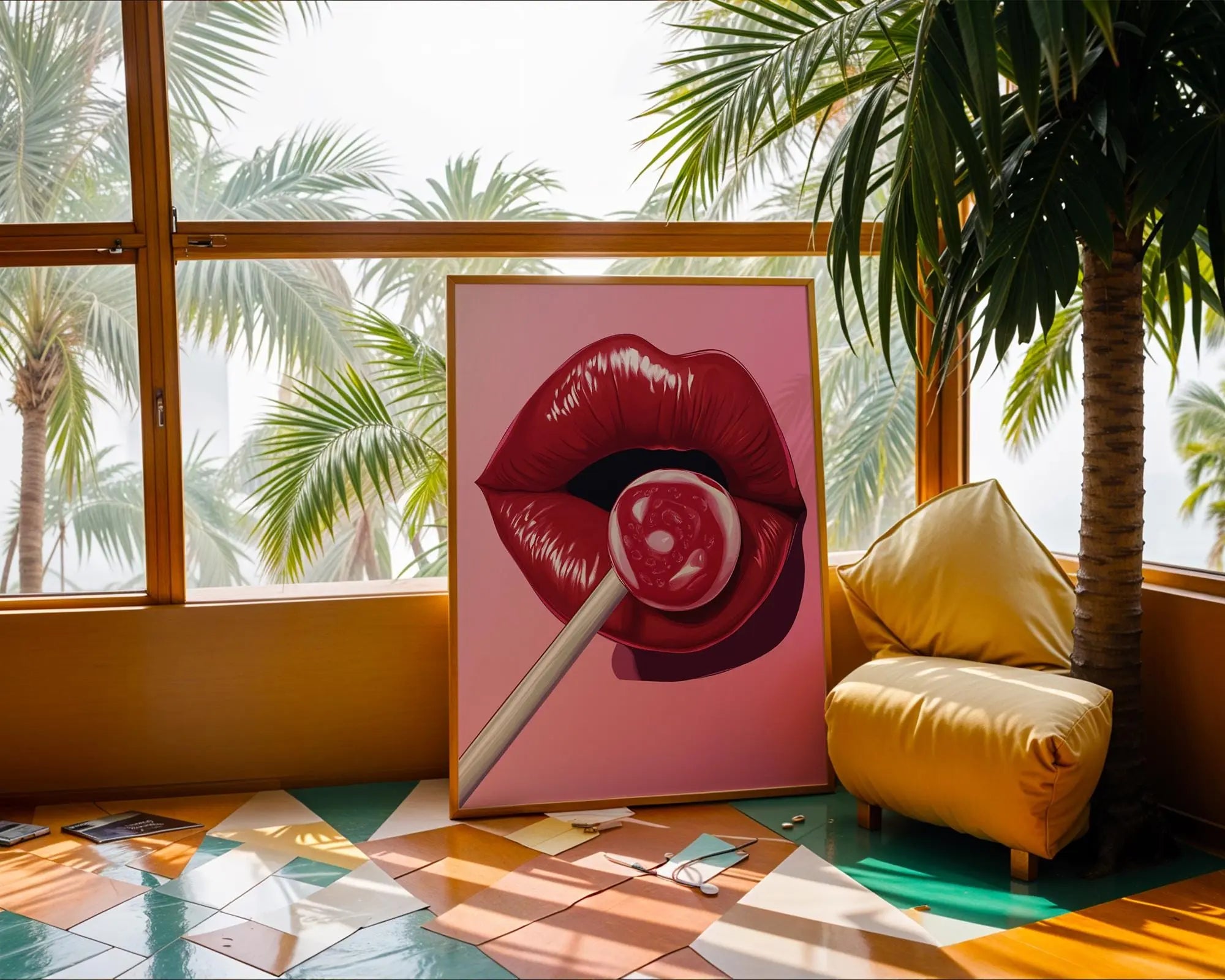 Pop Art Lips Lollipop Print | Retro Glam Bedroom Decor wall art print, modern home decor, unframed artwork by Nomad & Nest